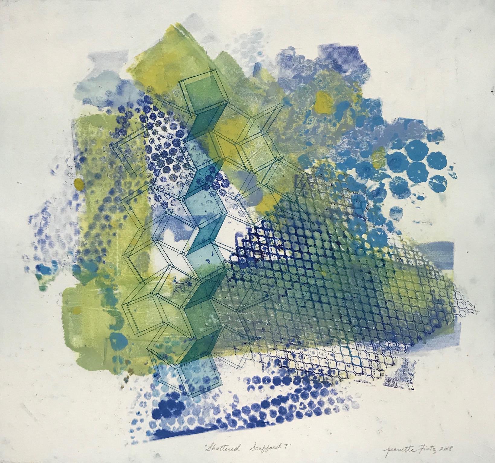 Jeanette Fintz Abstract Print - "Shattered Scaffold Seven", gestural abstract monoprint, blue, yellow green.