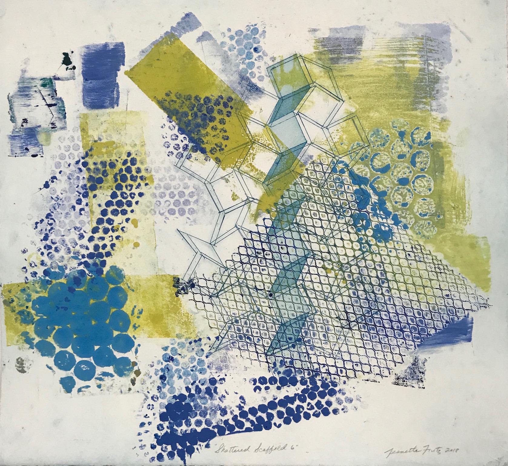 Jeanette Fintz Abstract Print - "Shattered Scaffold Six”, gestural abstract  monoprint, blue, yellow green.