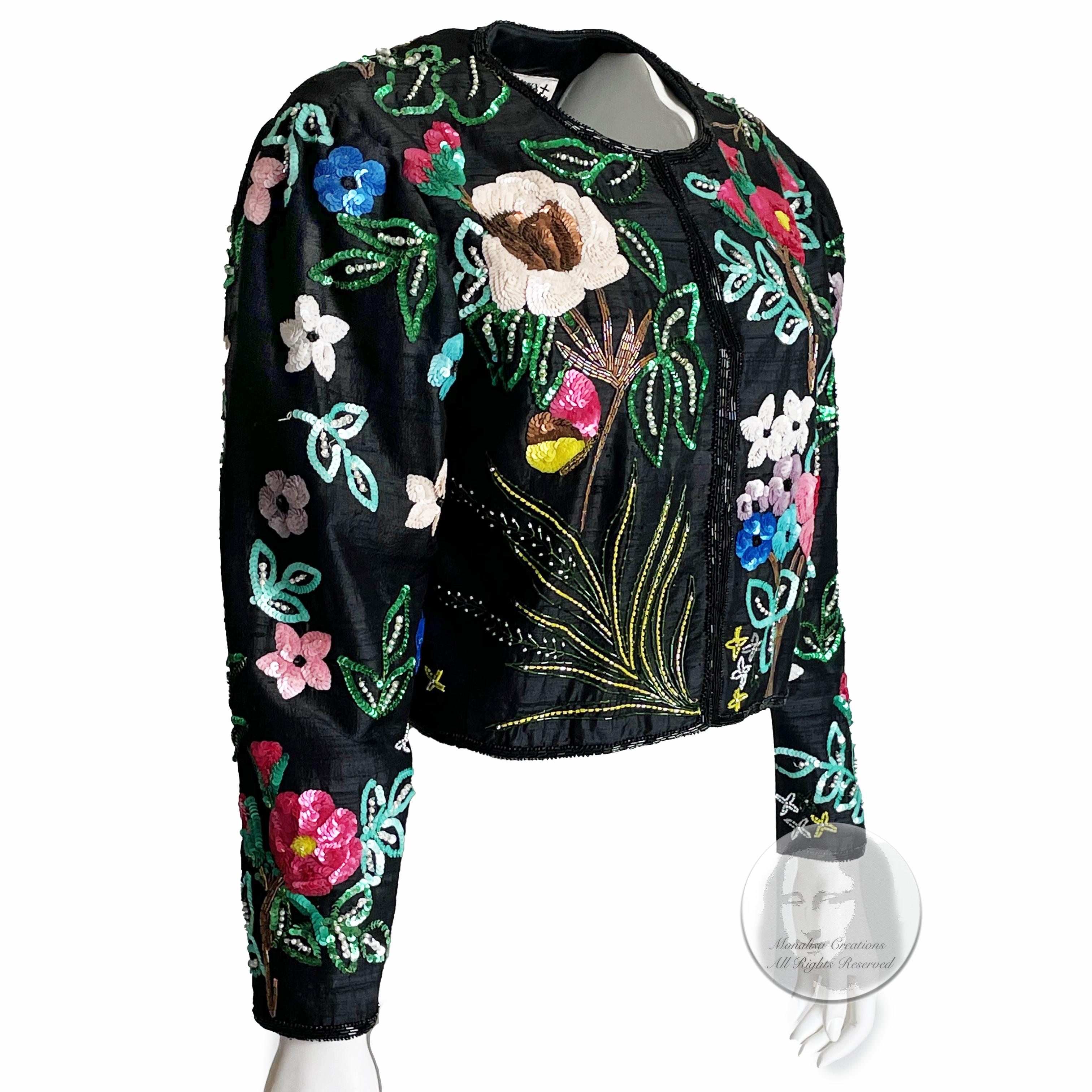 Jeanette Kastenberg St Martin Jacke Bolero Abend Seide Floral Pailletten 1980er Jahre L im Zustand „Gut“ im Angebot in Port Saint Lucie, FL