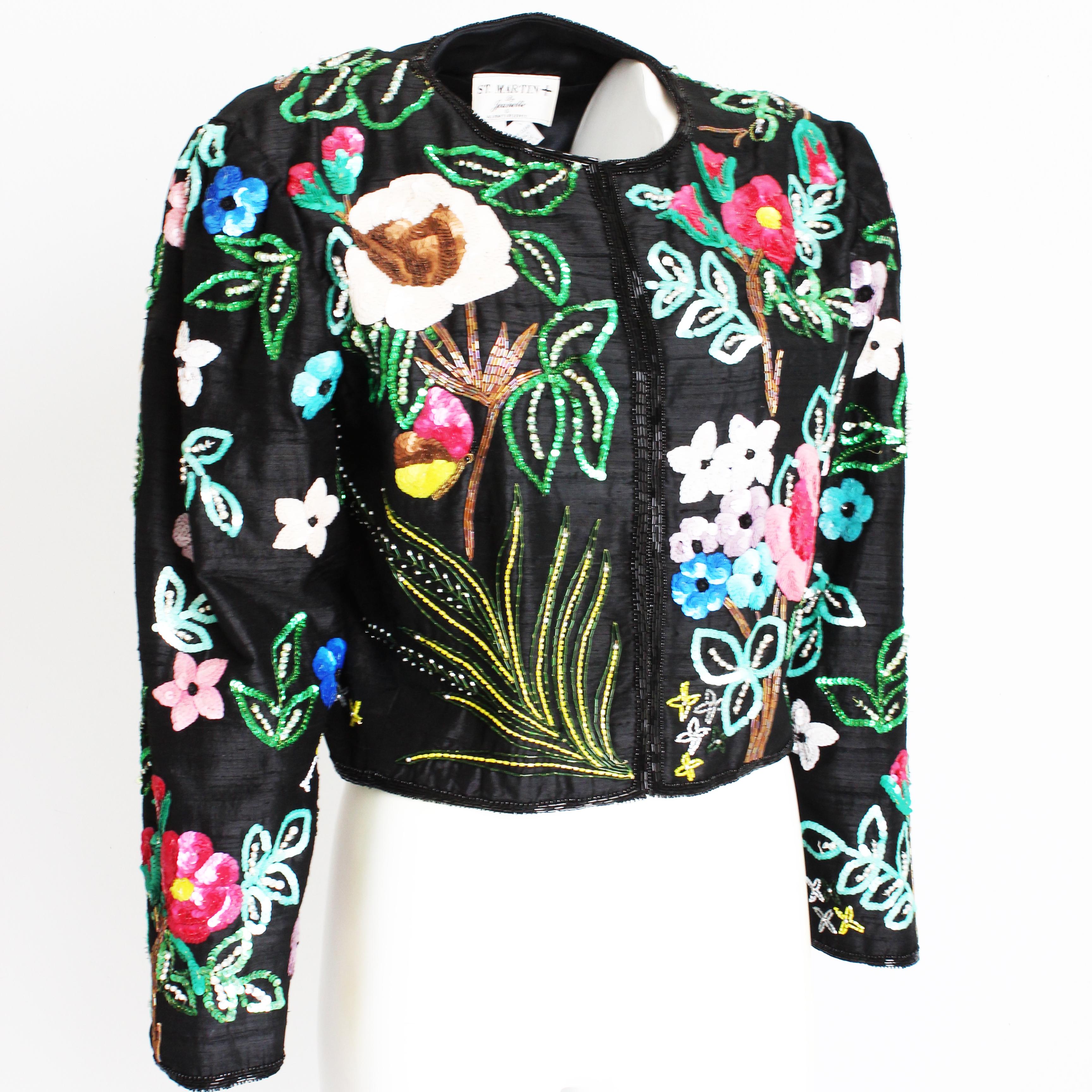 Jeanette Kastenberg St Martin Jacke Bolero Abend Seide Floral Pailletten 1980er Jahre L (Schwarz) im Angebot
