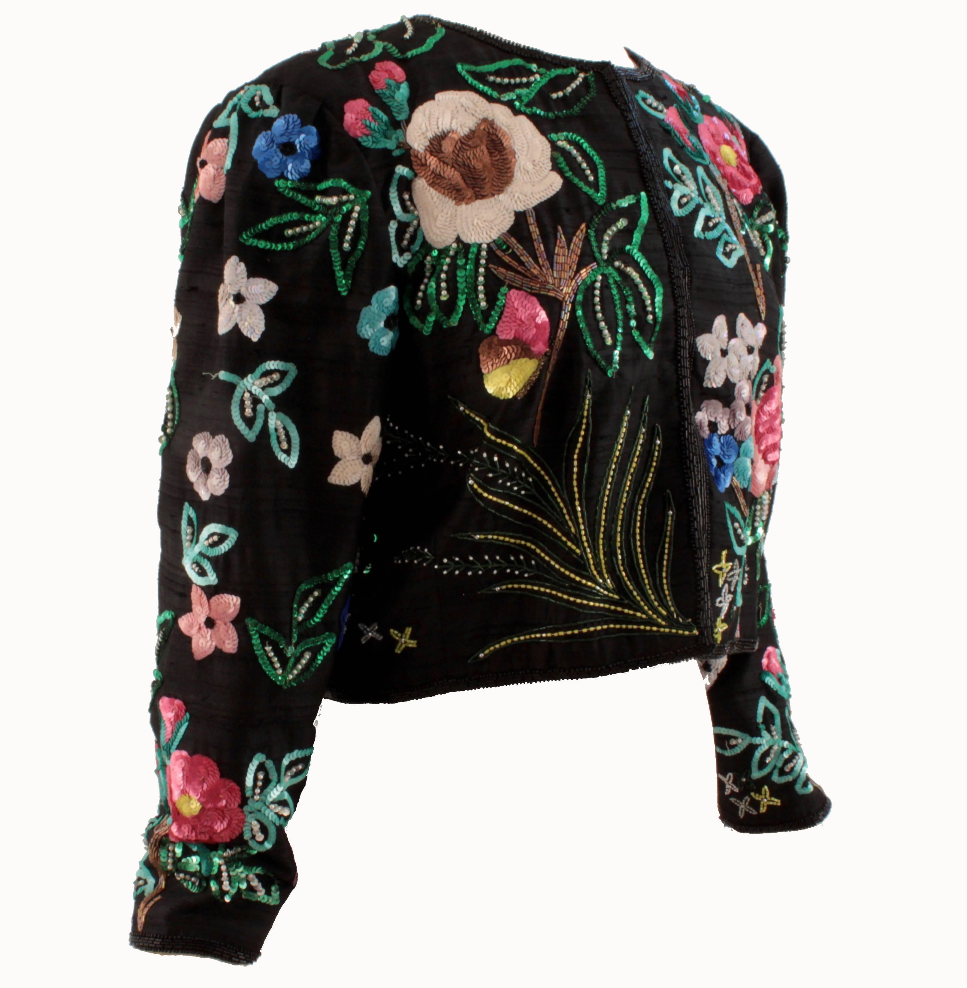 Women's Jeanette Kastenberg St Martin Jacket Bolero Evening Silk Floral Sequins 1980s L For Sale
