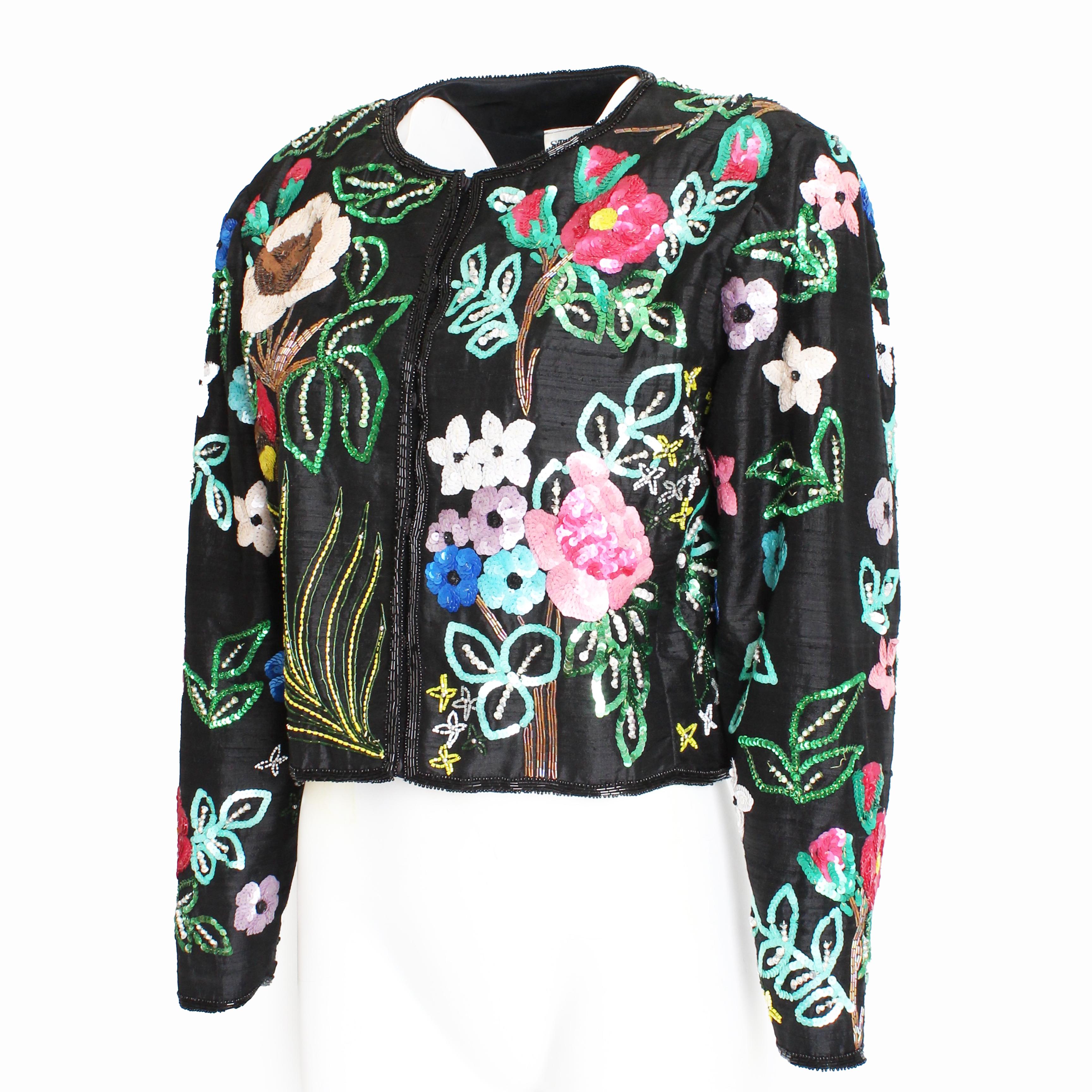 Jeanette Kastenberg St Martin Jacke Bolero Abend Seide Floral Pailletten 1980er Jahre L im Zustand „Gut“ im Angebot in Port Saint Lucie, FL