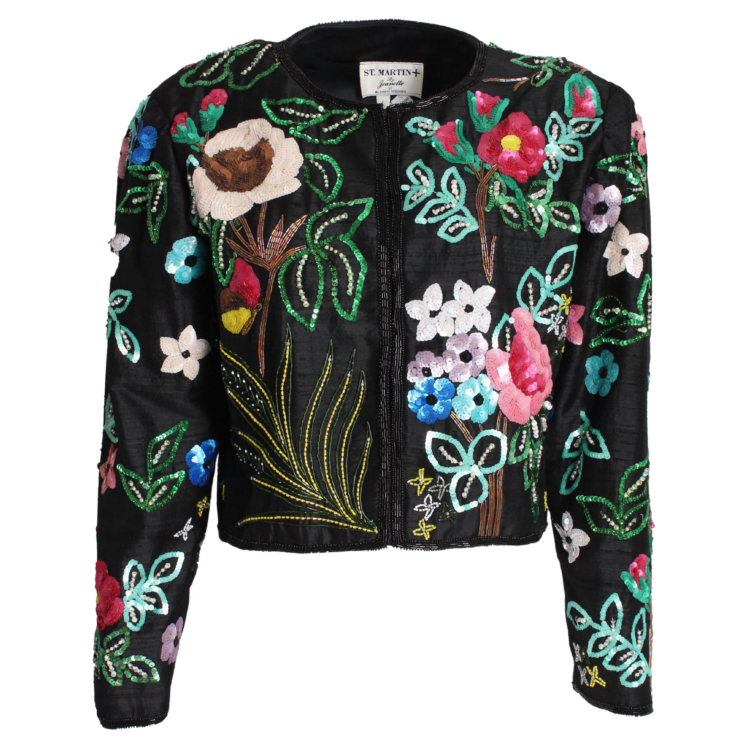 Jeanette Kastenberg St Martin Jacke Bolero Abend Seide Floral Pailletten 1980er Jahre L im Angebot
