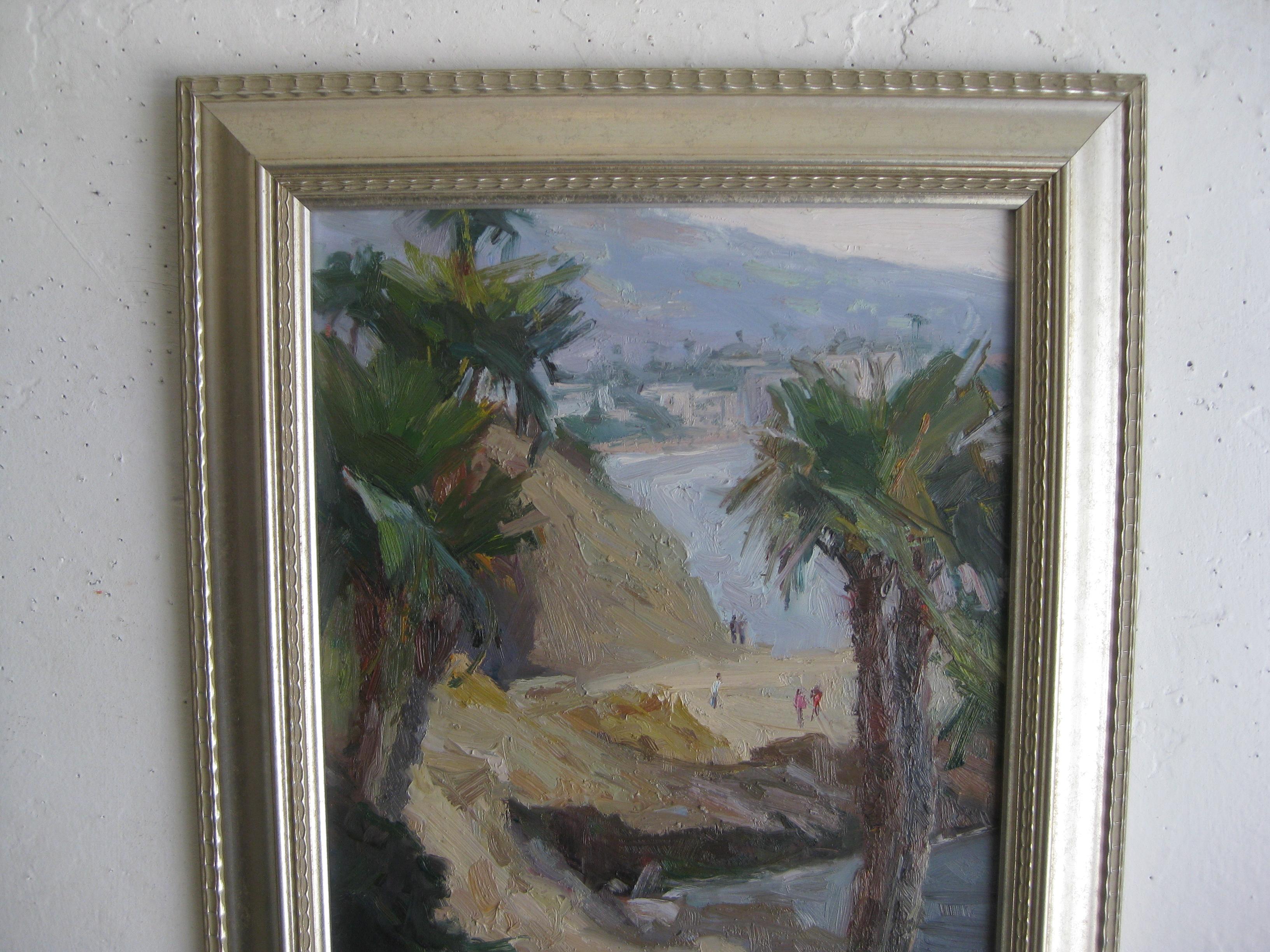 Outstanding landscape impressionist oil painting by California listed artist Jeanette Le Grue. The painting is of a beach trail with a city in the background. Possible Santa Barbara? Signed in the lower corner. The oil painting is painted on