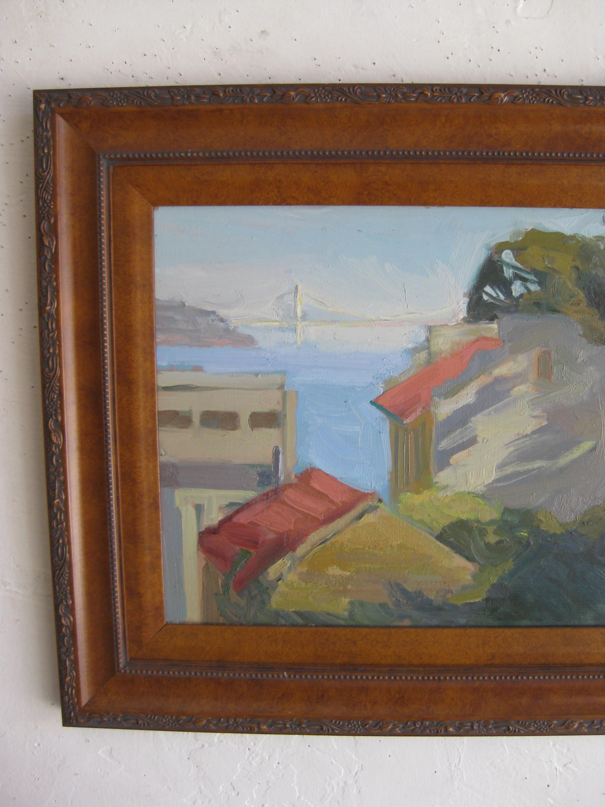 Outstanding landscape impressionist oil painting by California listed artist Jeanette Le Grue. The painting is of the San Francisco Oakland Bay Bridge. Signed in the lower corner. The oil painting is painted on masonite board. Great colors and
