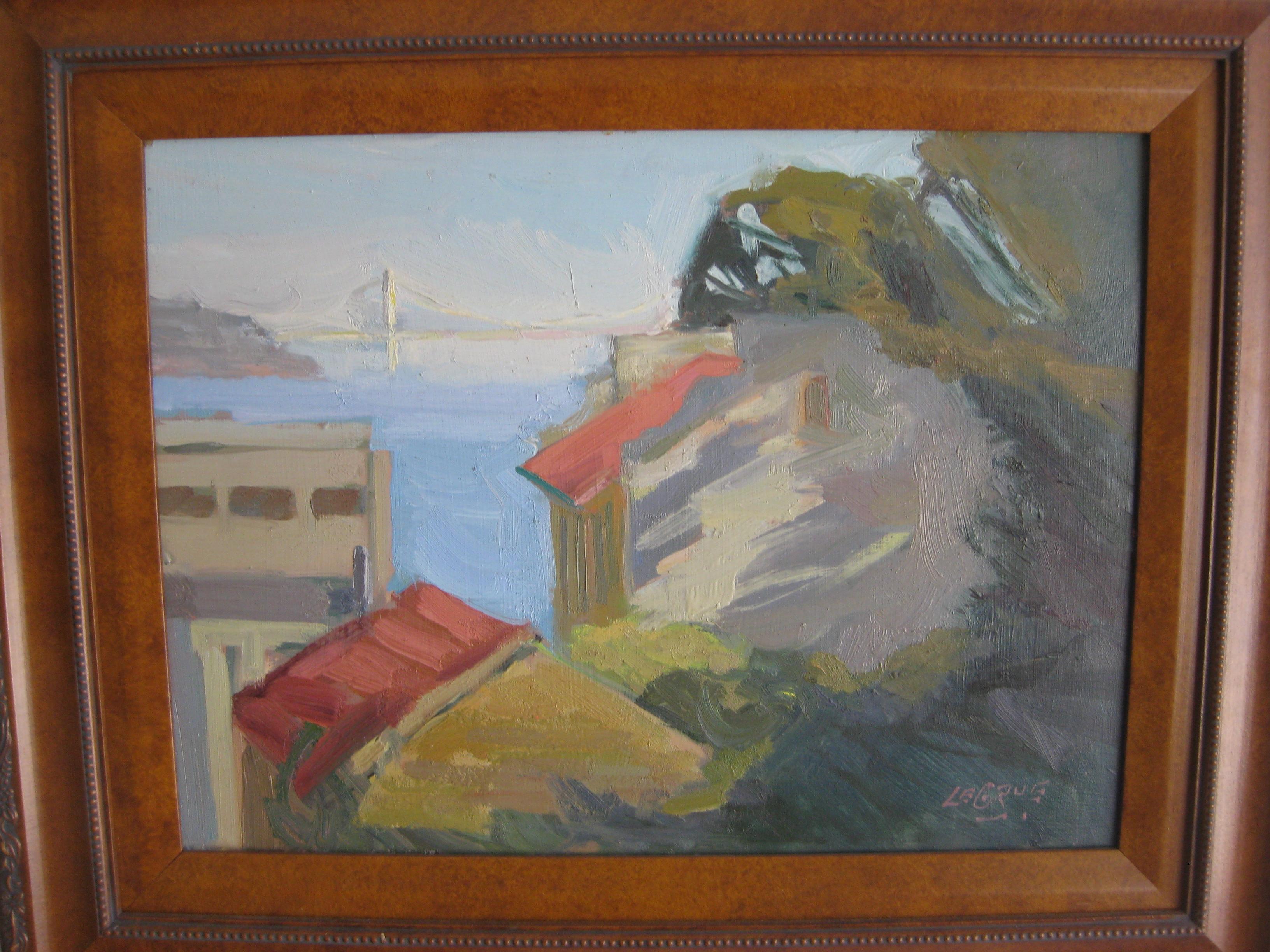 Jeanette Le Grue Impressionist Oil Painting of San Francisco Oakland Bay Bridge In Excellent Condition For Sale In San Diego, CA