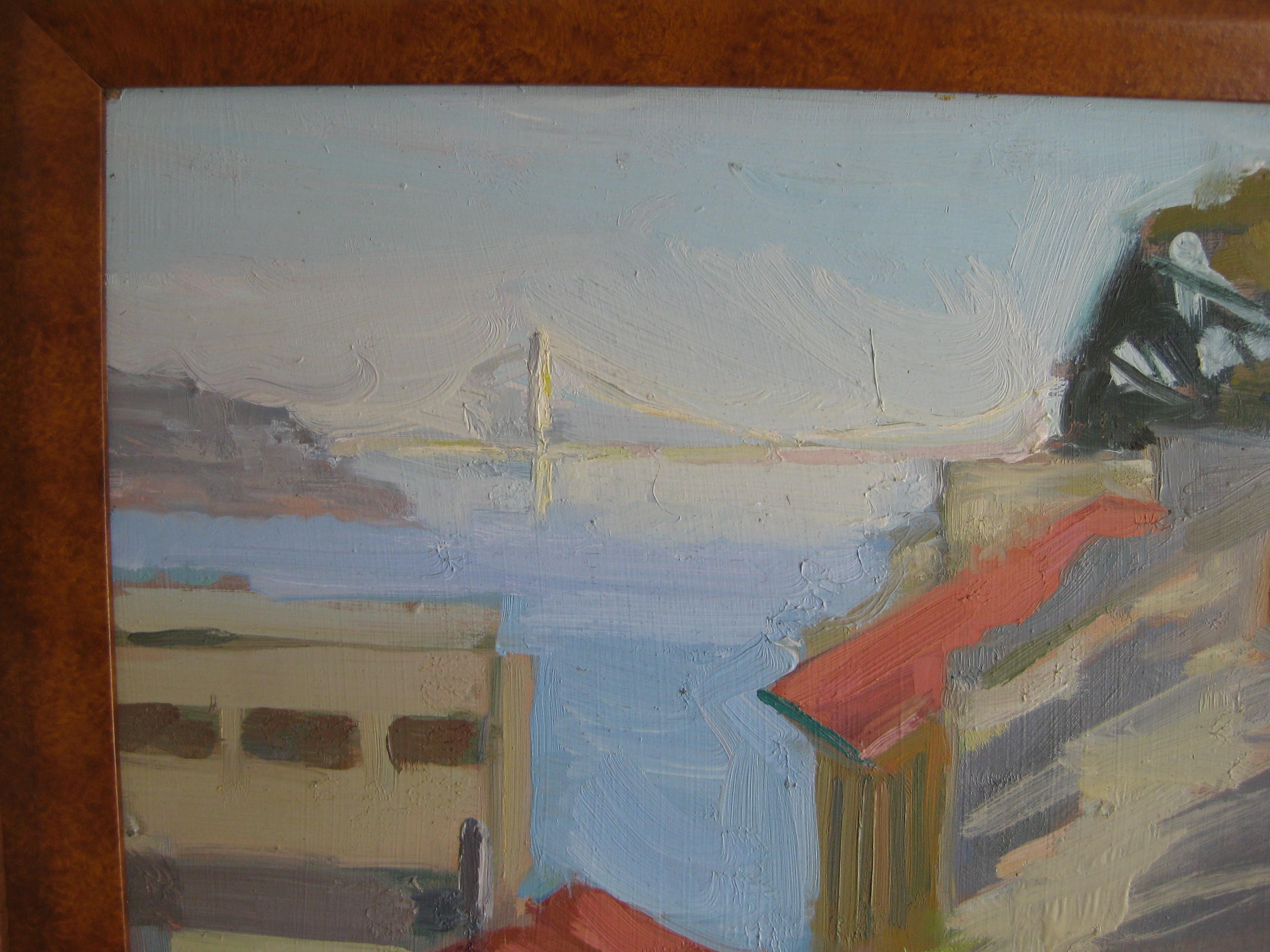 20th Century Jeanette Le Grue Impressionist Oil Painting of San Francisco Oakland Bay Bridge For Sale