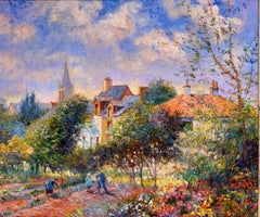 Belle huile impressionniste française Scène de jardin colorée Figures Maisons de village
