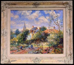 Belle huile impressionniste française Scène de jardin colorée Figures Maisons de village