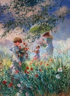 Fine French Impressionist Very Large Oil Children Gathering Wildflowers Meadow