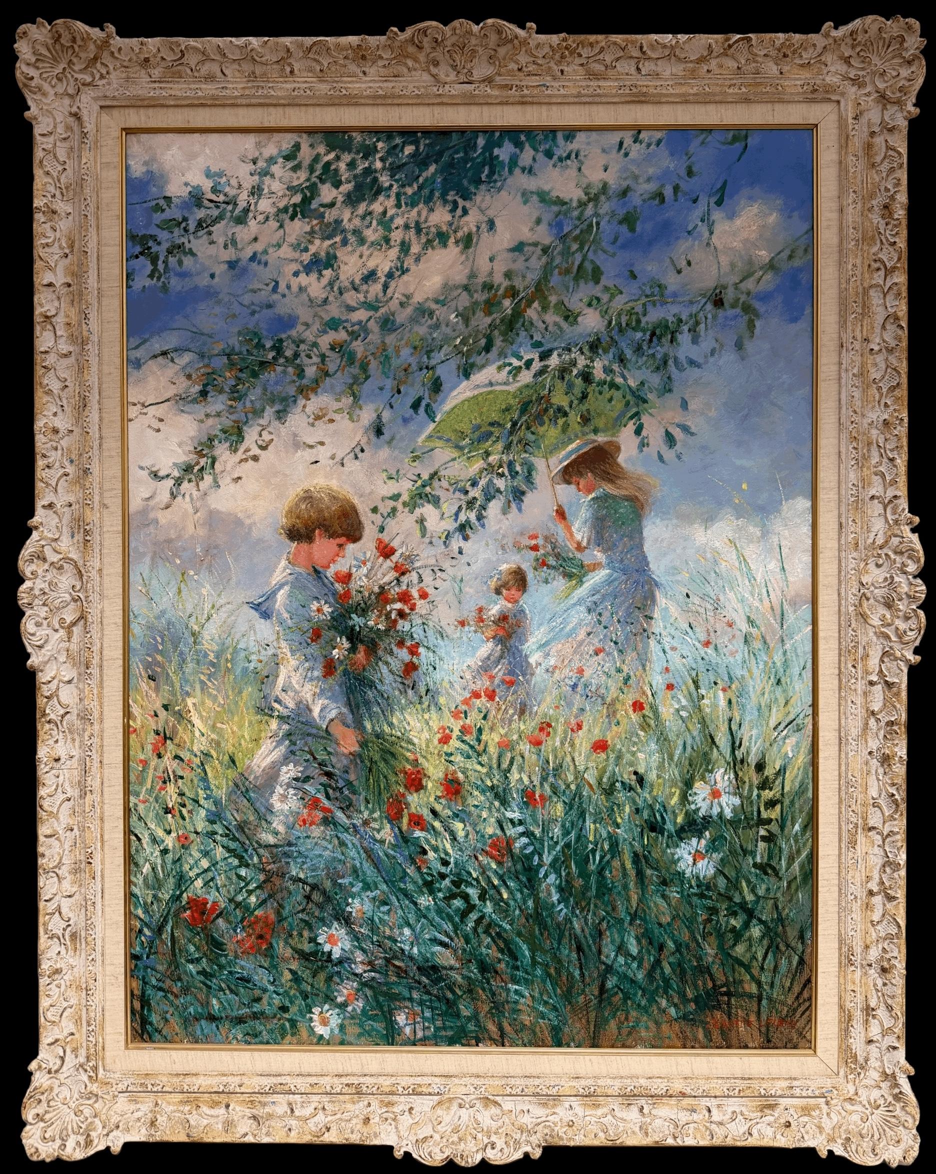 Feine Französisch Impressionist sehr große Öl Kinder Sammeln Wildblumen Wiese