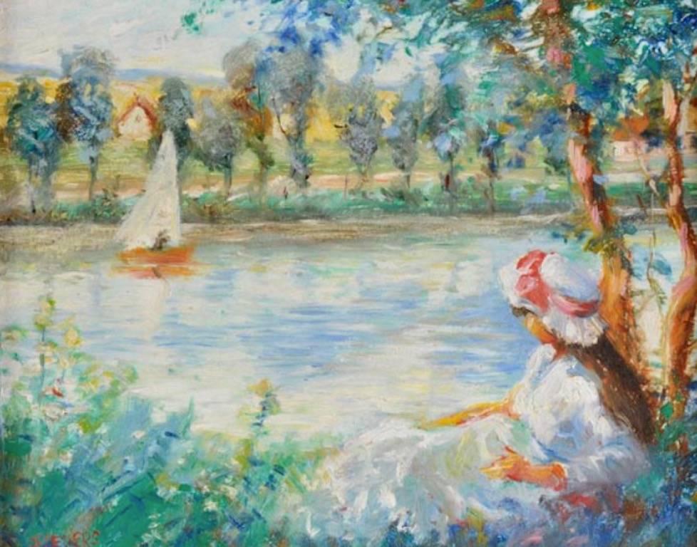 French Impressionist Oil Girl by a River Signed Oil - Painting by Jeanette Leuers