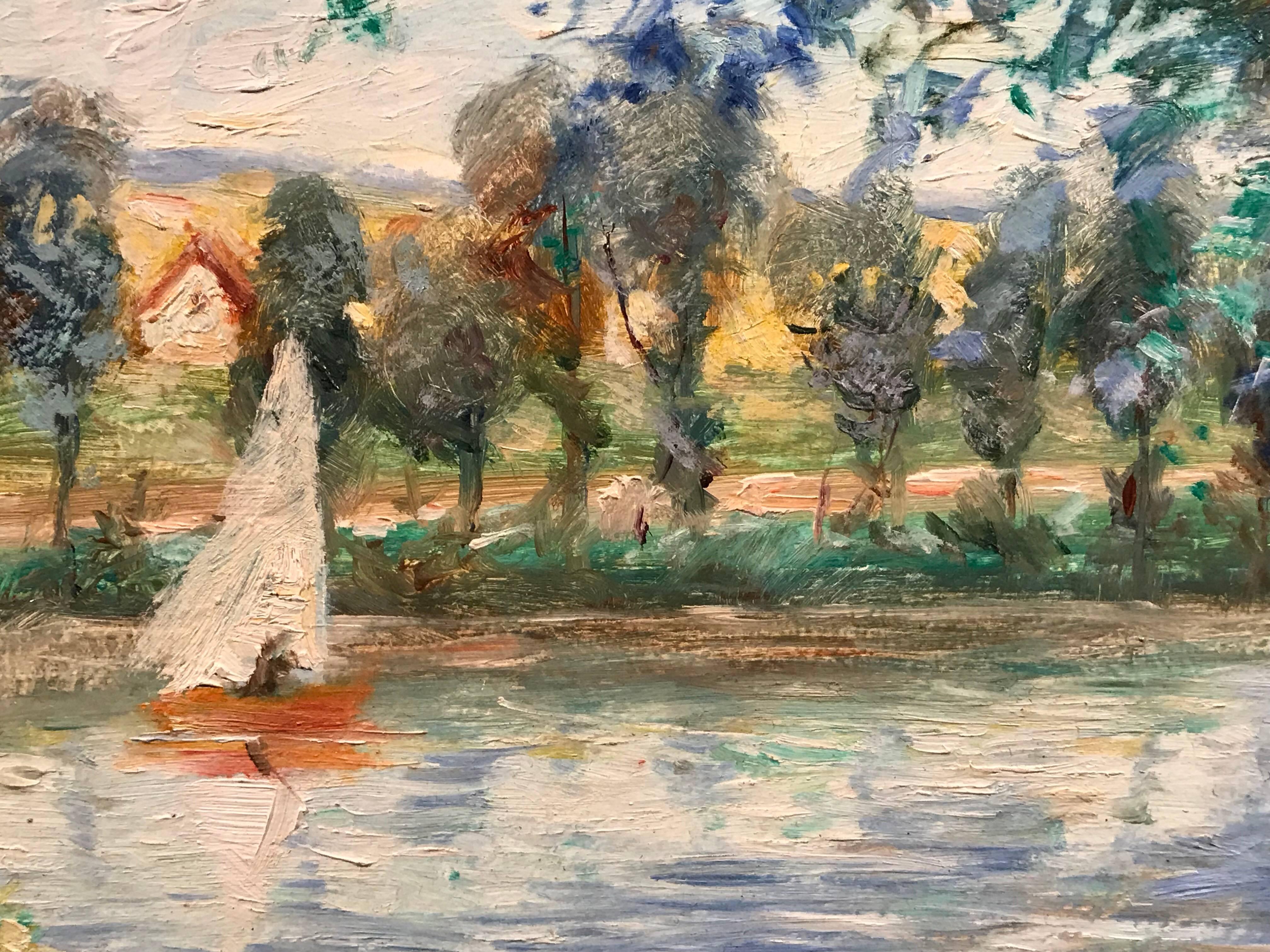 Olio impressionista francese Ragazza in riva al fiume firmato - Landscape Painting Marrone di Jeanette Leuers