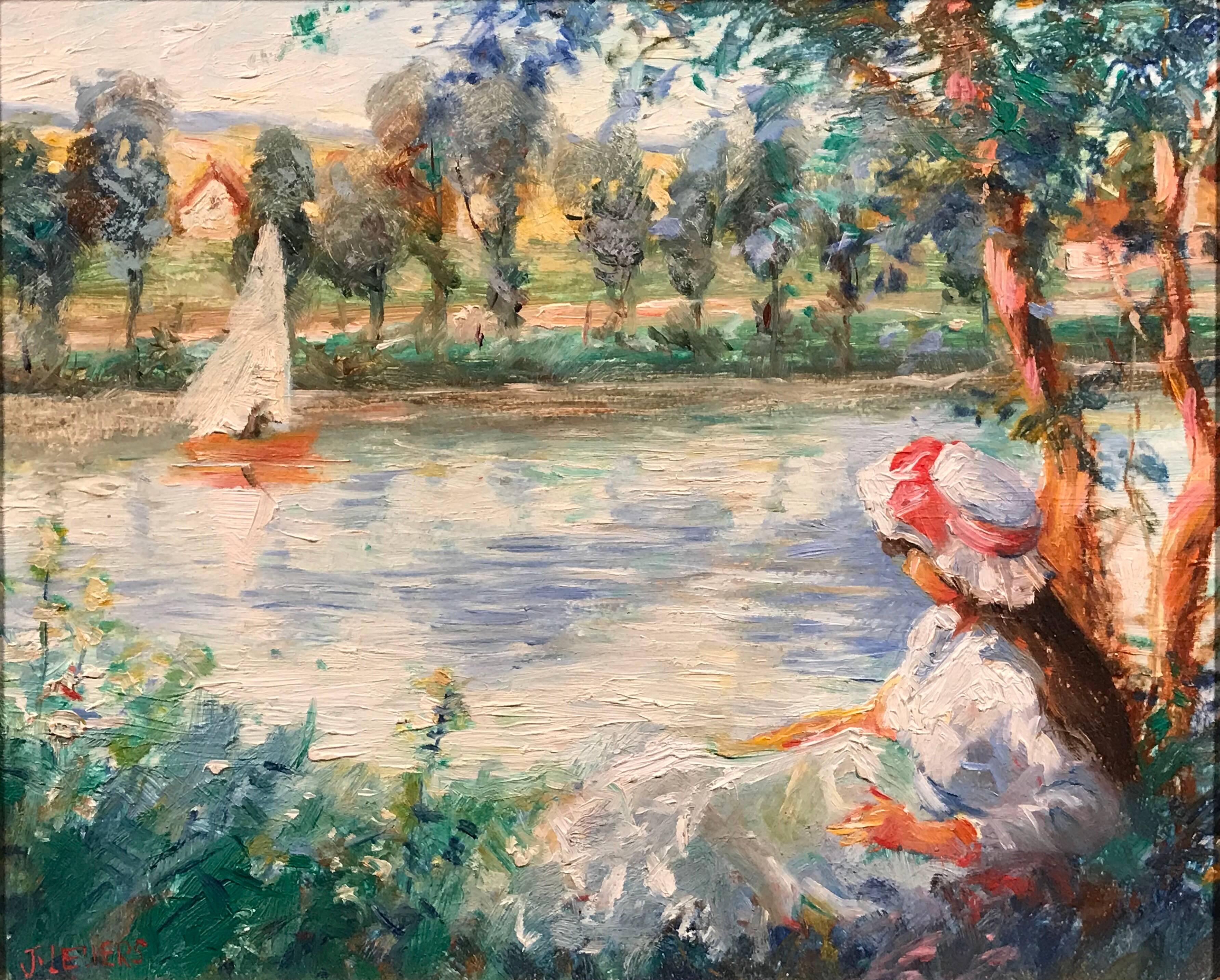 Jeanette Leuers Landscape Painting - French Impressionist Oil Girl by a River Signed Oil