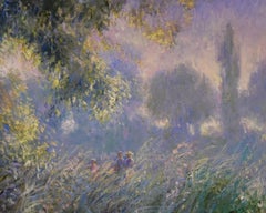 Pittura ad olio di Jeanette Levers "Crepuscolo in riva al lago