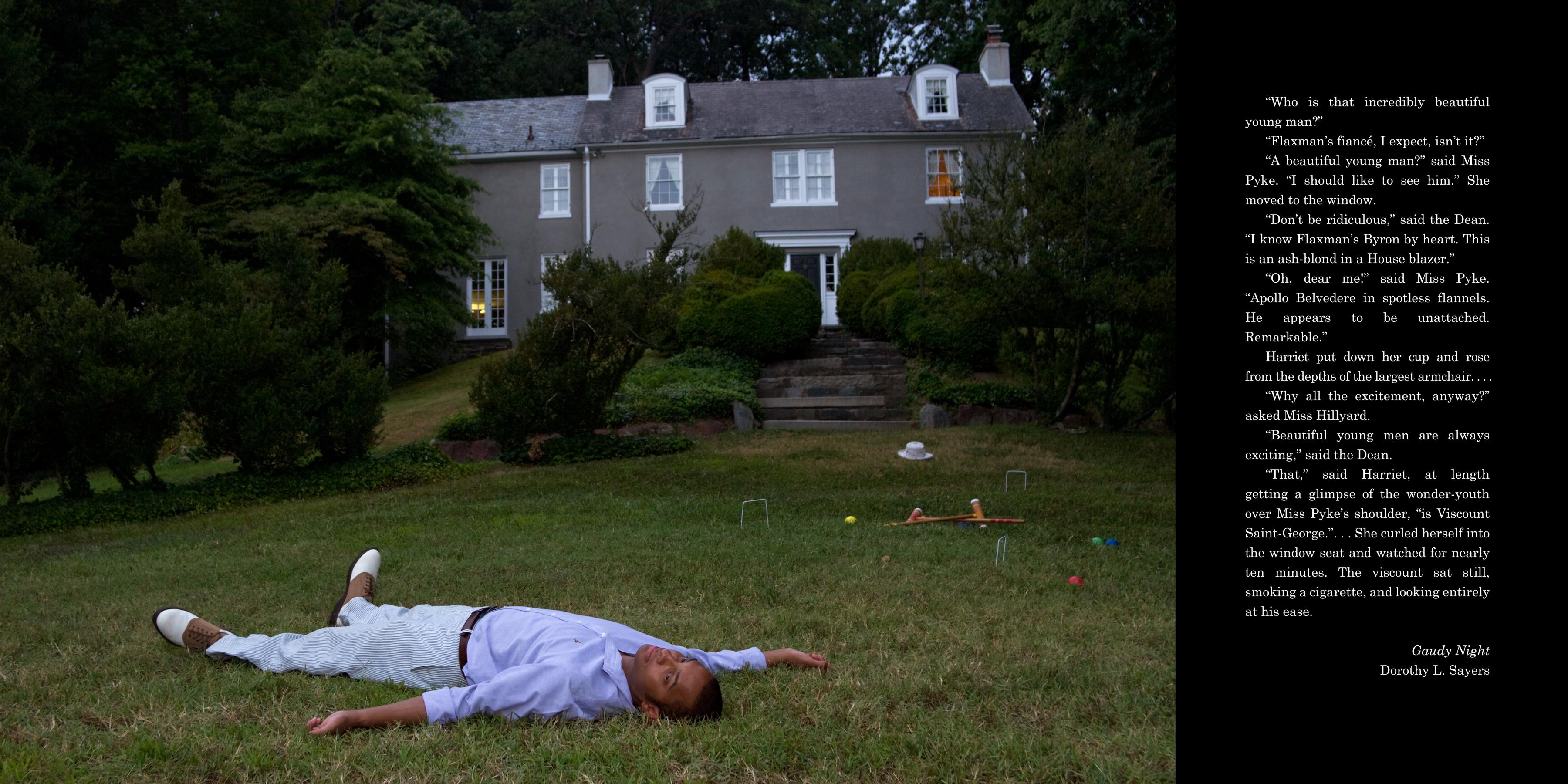 “Easy on the Eyes: Harriet“ is a staged photograph of an attractive man lying on the lawn. In this cinematic photo series, I explore the female gaze by providing visual pleasure specifically designed for a female viewer—though others may look over