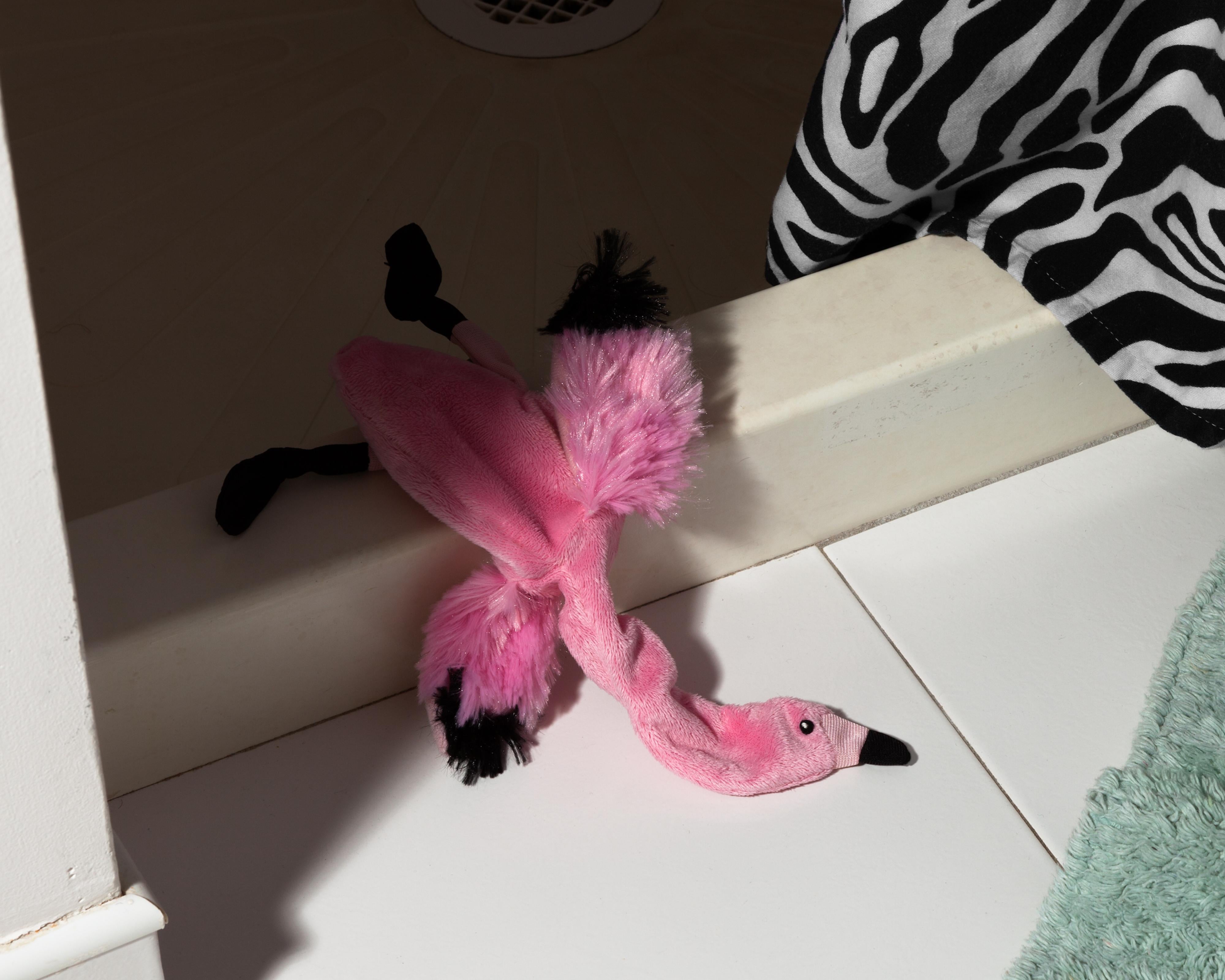 “Morbidity & Mortality: Flamingo” Humorous Photograph of Dog Toy in Crime Scene - Black Color Photograph by Jeanette May