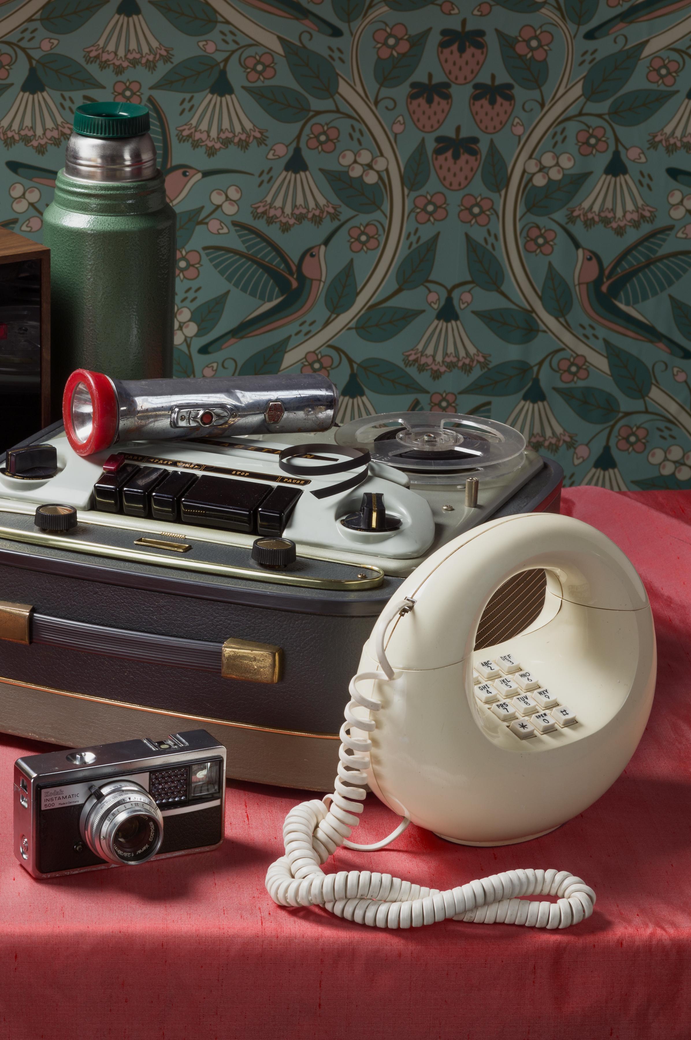 “Still Life with Answering Machine” appeared in Audubon Magazine, Winter 2021 issue. This bird watching still life continues the exploration of vintage tech begun in my “Tech Vanitas” series. Surrounded by rich silks and patterned wallpapers,