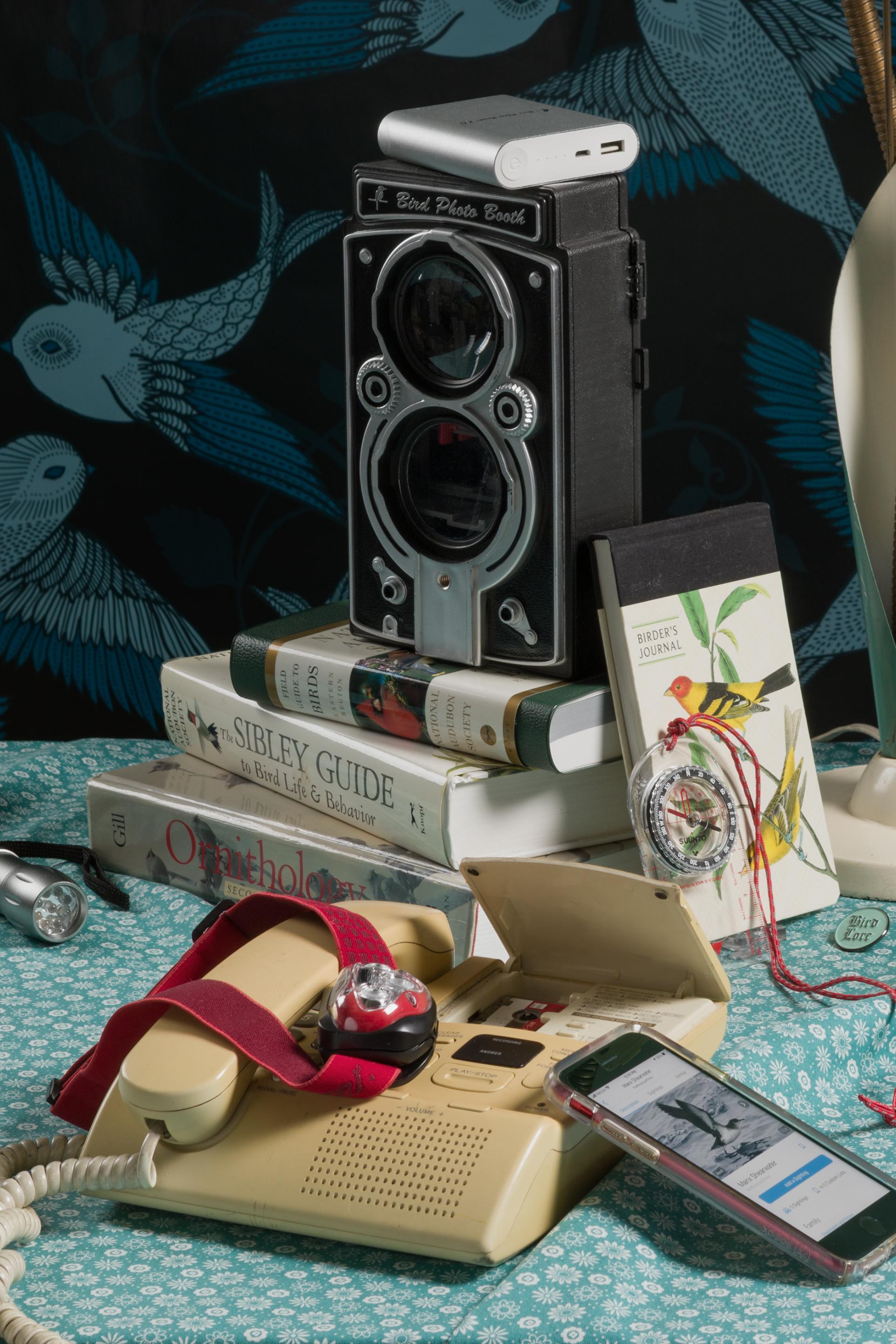 “Still Life with Binoculars” Vintage Tech Photograph about Bird Watching - Contemporary Print by Jeanette May