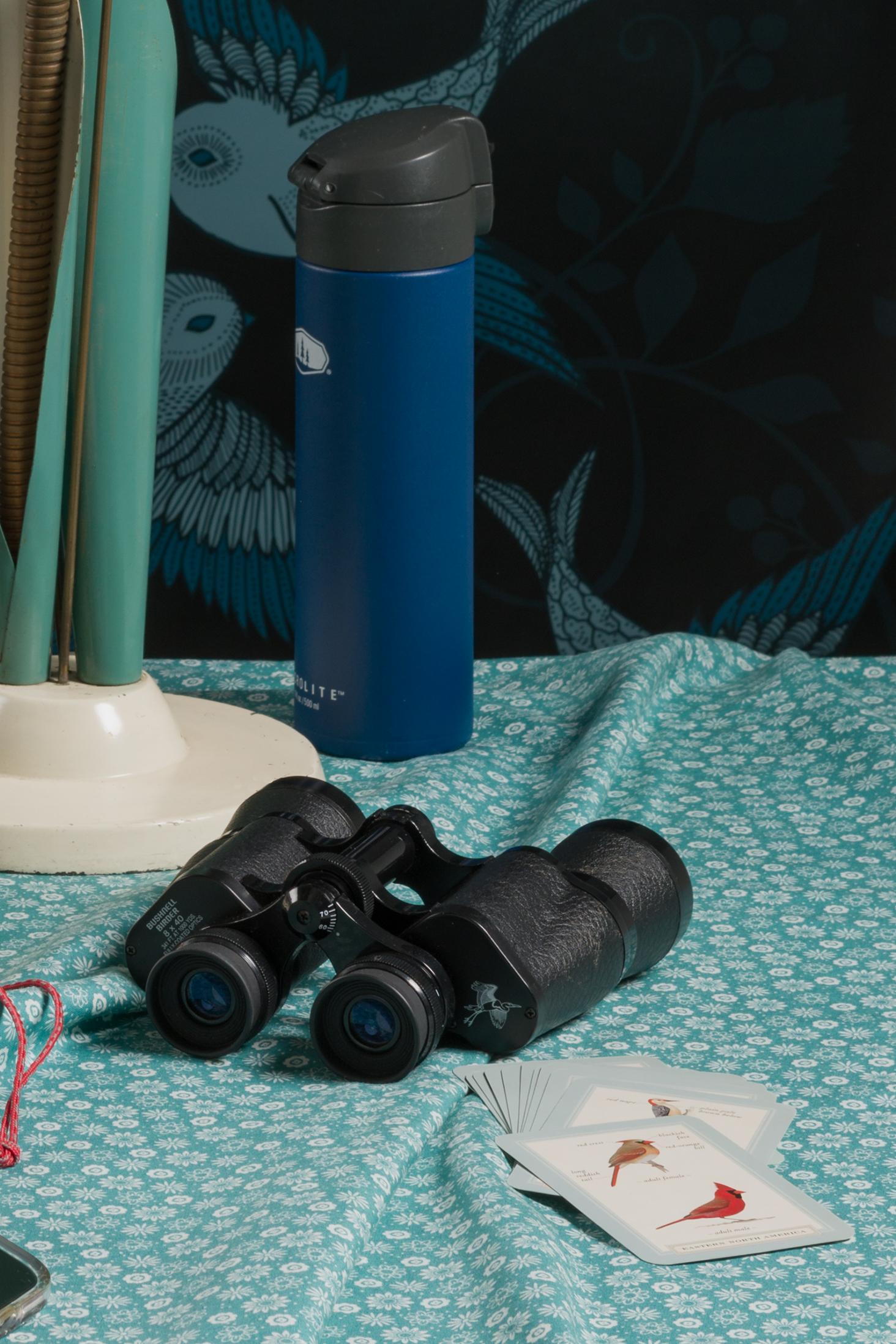 “Still Life with Binoculars” Vintage Tech Photograph about Bird Watching - Black Still-Life Print by Jeanette May