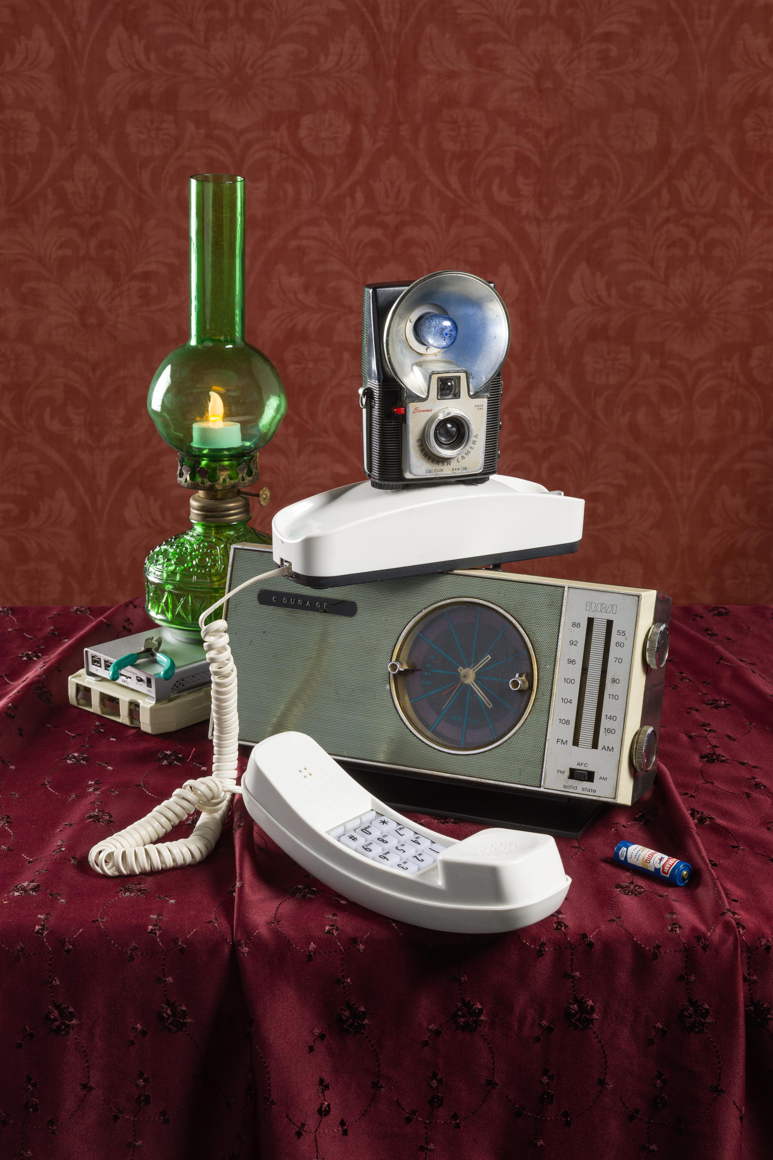 Jeanette May Still-Life Photograph - “Still Life with Clock Radio” Contemporary Still-life Photo with Vintage Tech