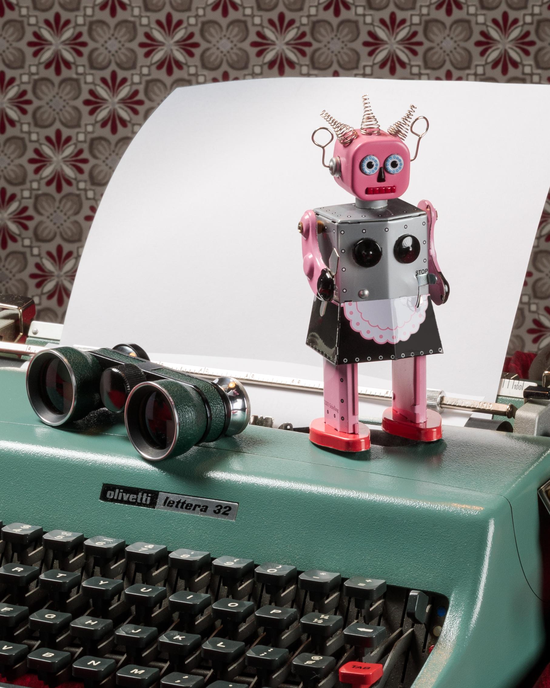 “Still Life with Robot” Contemporary Still-life Photo with Vintage Typewriter For Sale 1