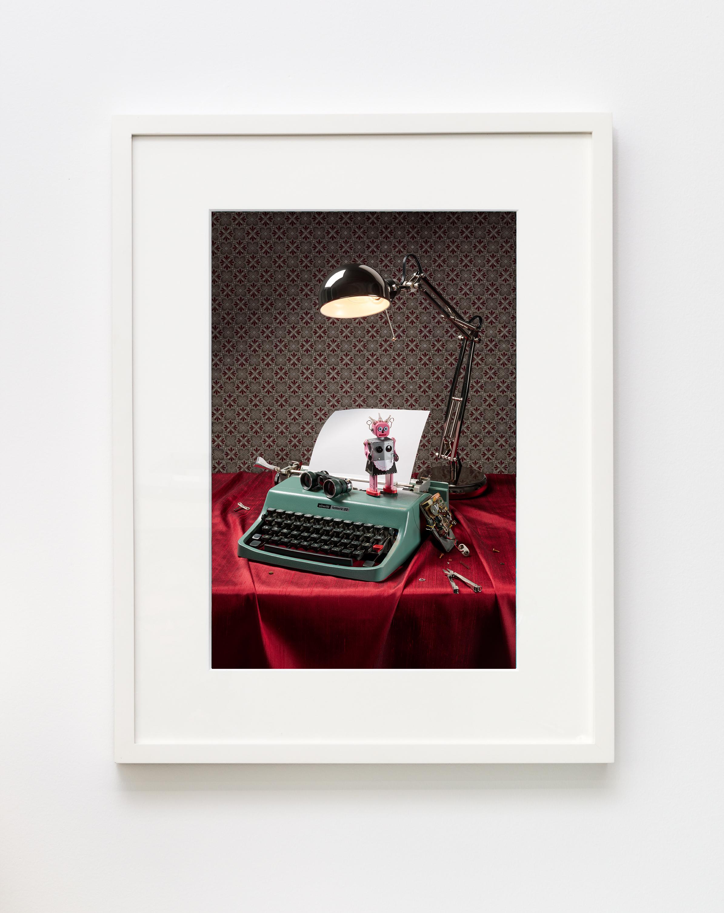 Jeanette May Still-Life Photograph - “Still Life with Robot” Still-life Photograph of Vintage Typewriter and Tin Toy