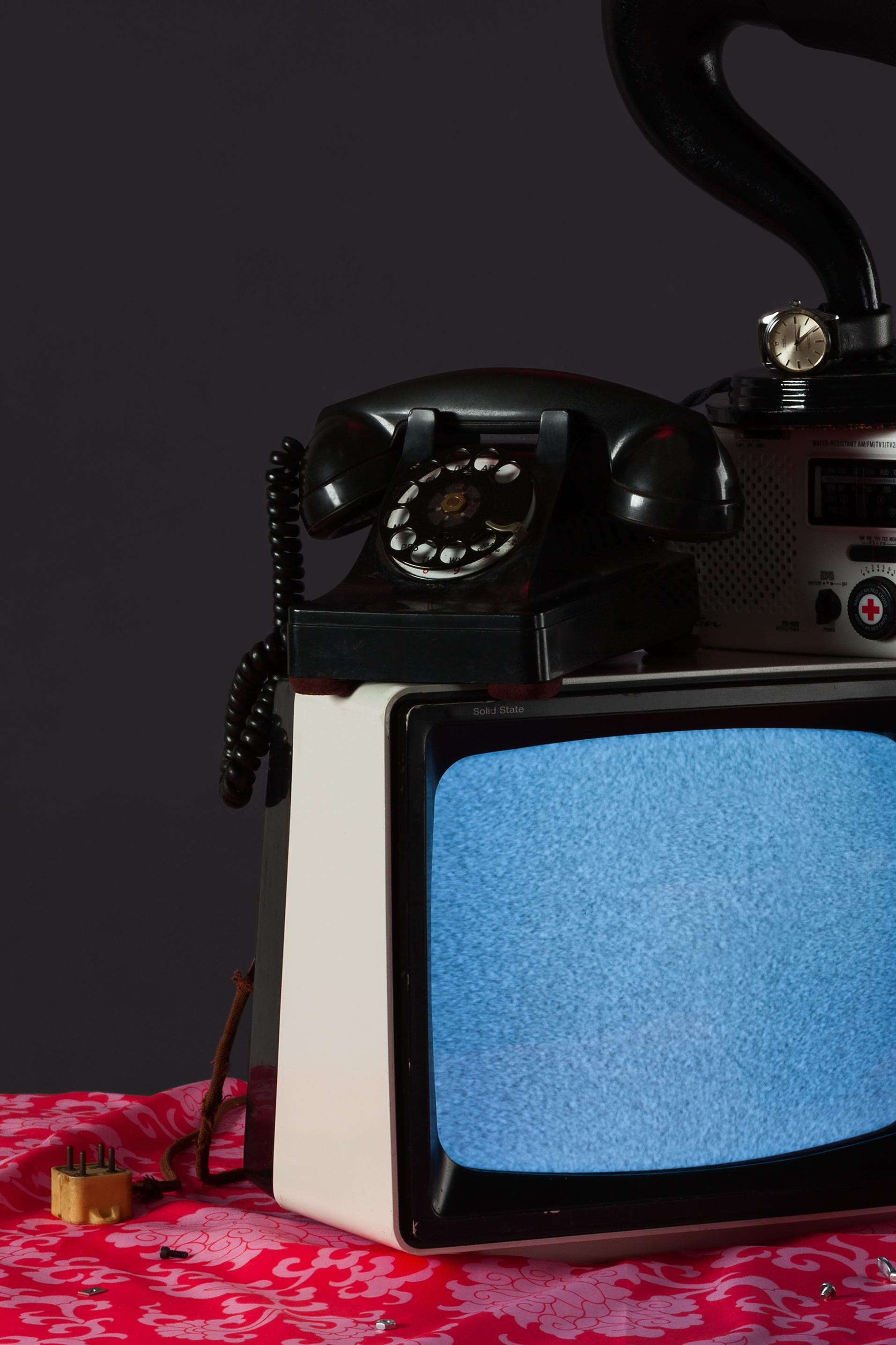 “Tech Vanitas: Black & White TV” Contemporary Still-life Photograph Vintage Tech For Sale 2