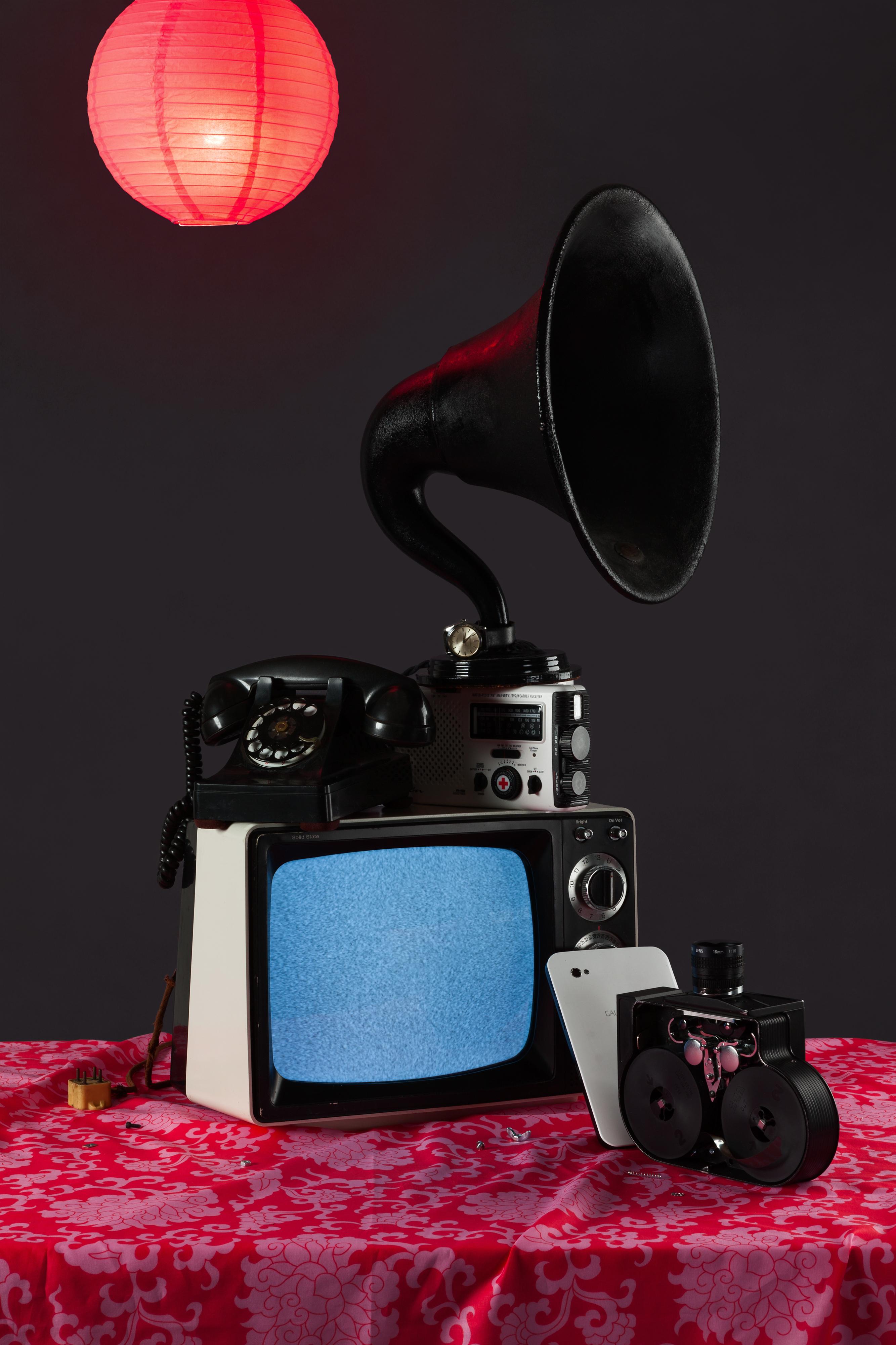 Jeanette May Still-Life Photograph - “Tech Vanitas: Black & White TV” Contemporary Still-life Photograph Vintage Tech