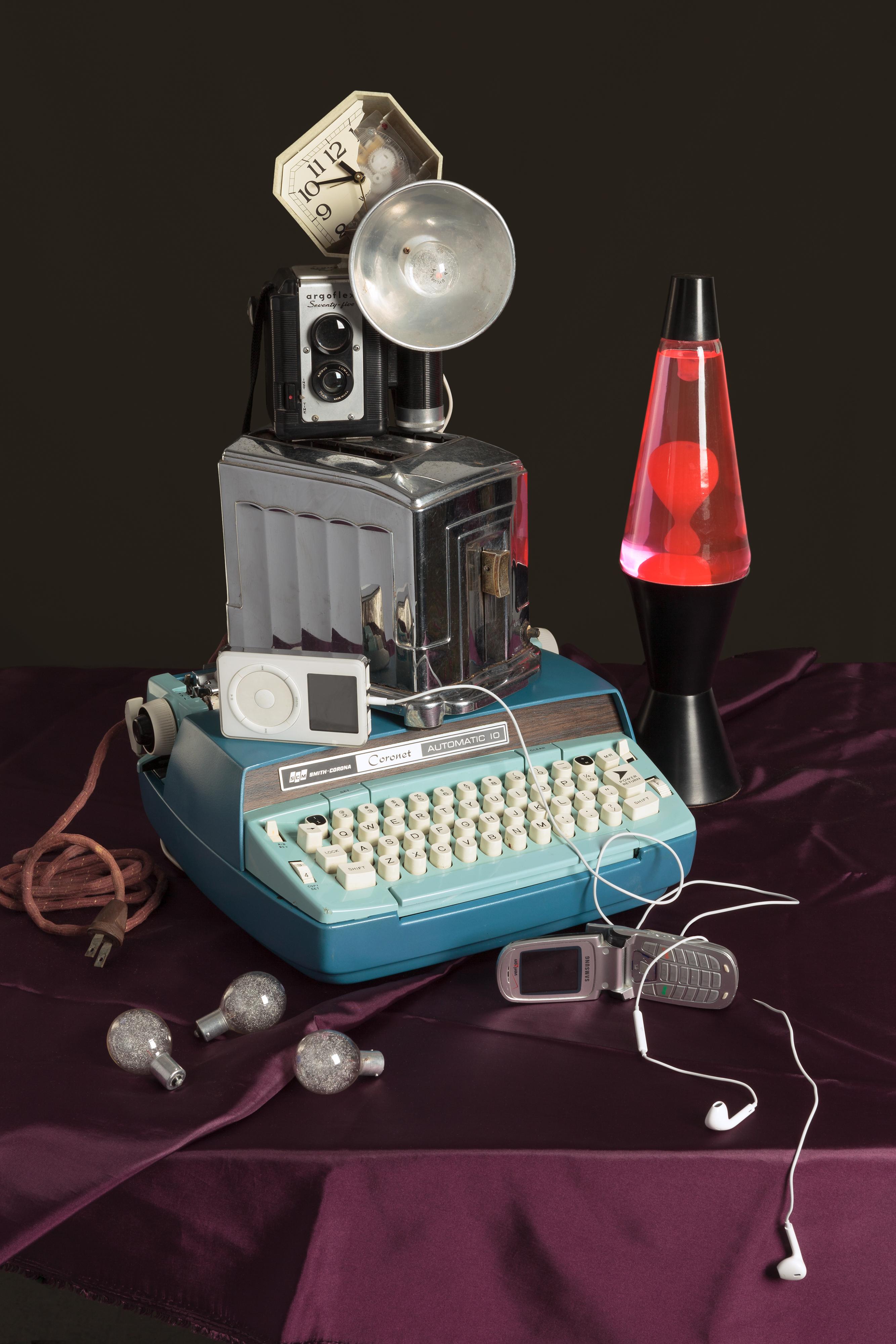 Jeanette May Still-Life Print - “Tech Vanitas: Blue Typewriter” Contemporary Still-life Photograph, Vintage Tech