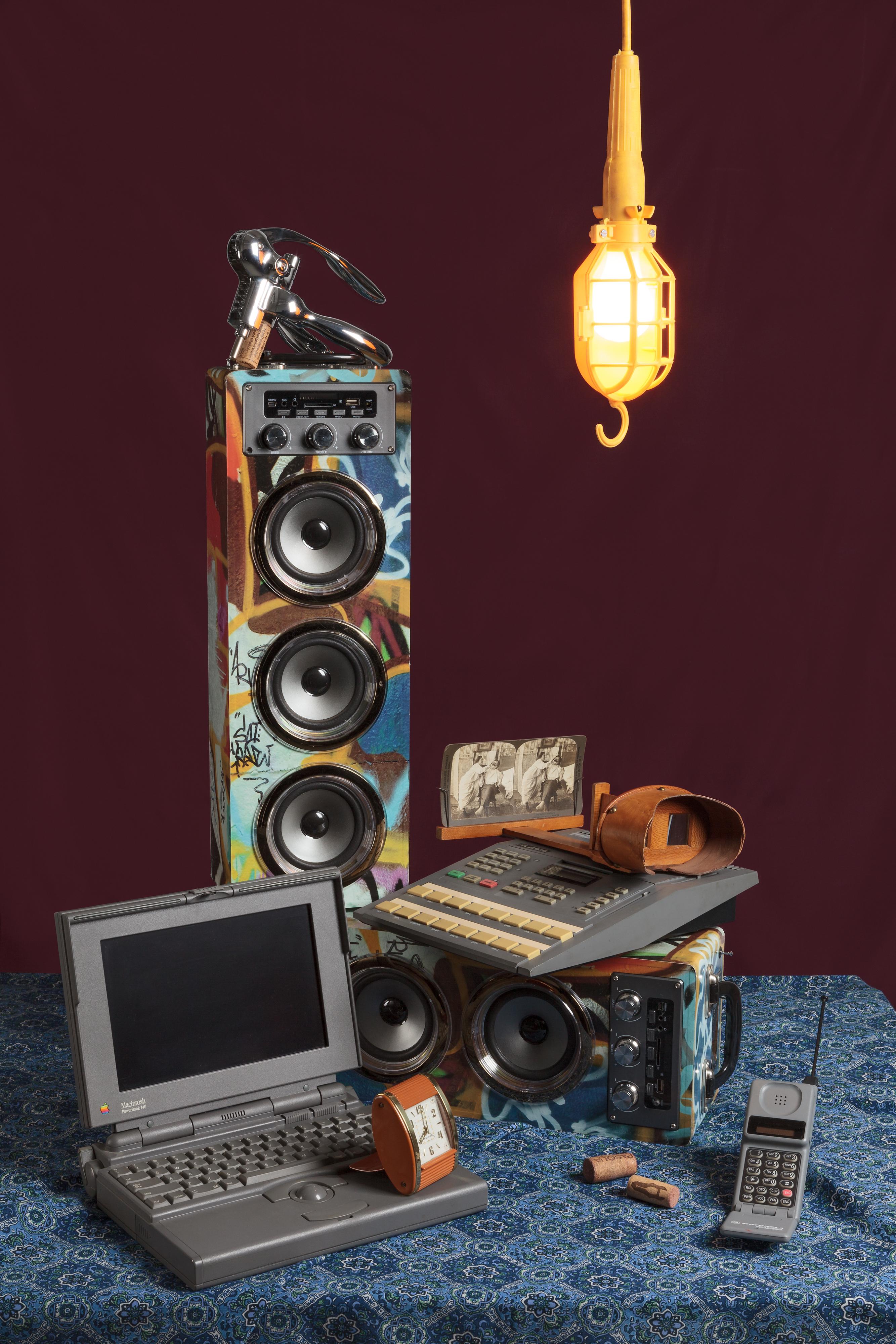Jeanette May Color Photograph - "Tech Vanitas: Graffiti Speakers" Contemporary Still-life Photo of Vintage Tech