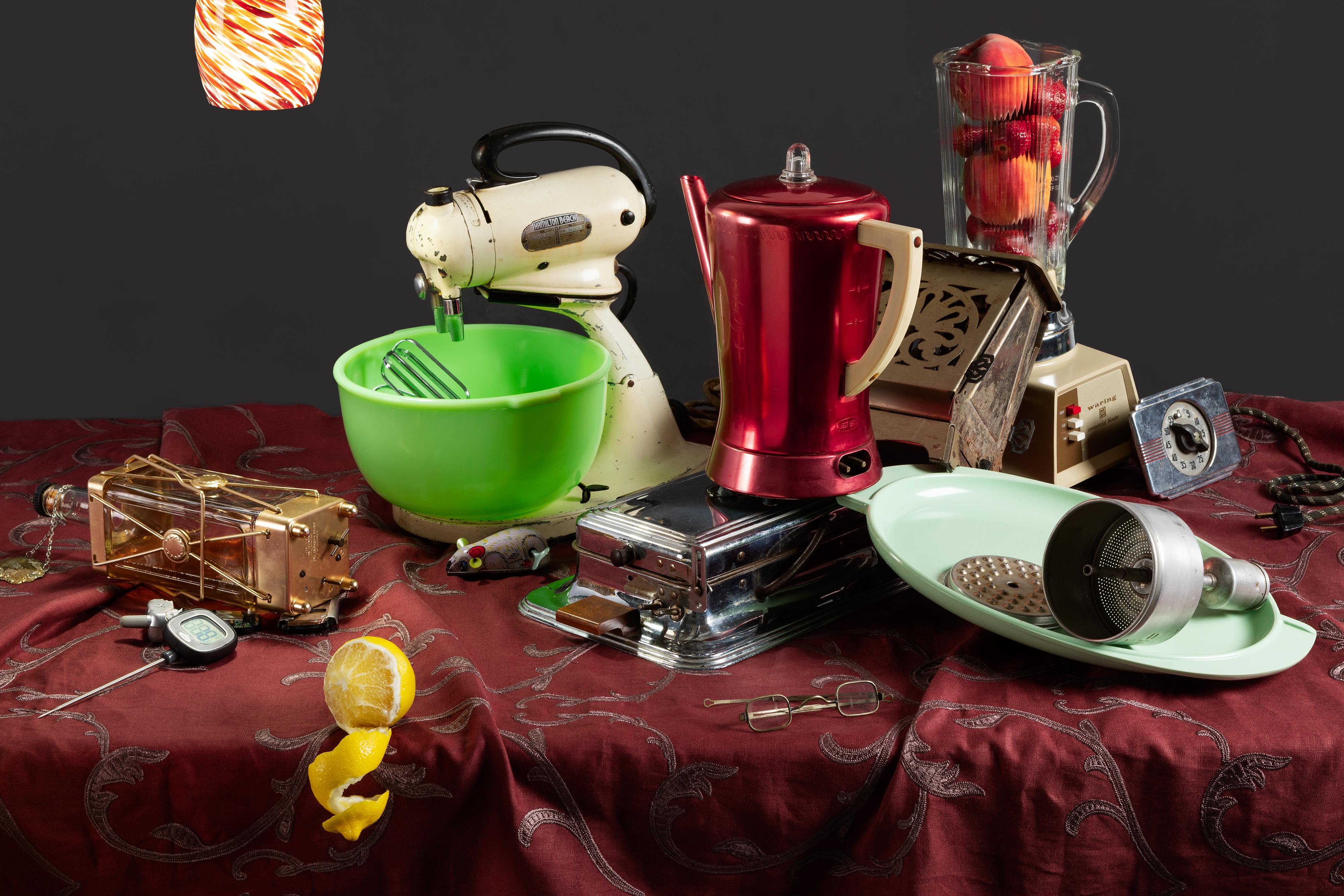 Jeanette May Color Photograph - "Tech Vanitas: Musical Decanter" contemporary still-life photo of vintage tech