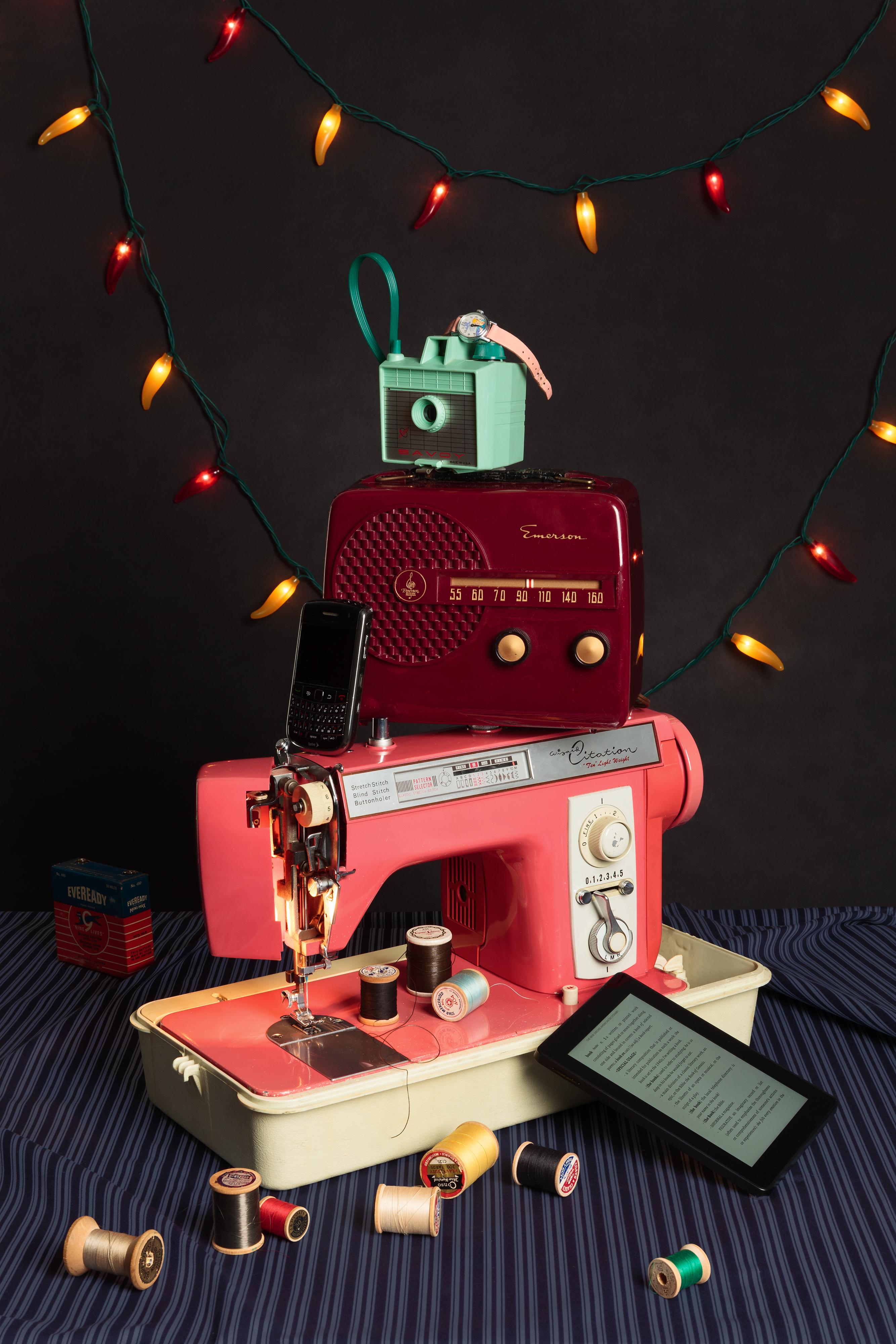 “Tech Vanitas: Pink Sewing Machine” Contemporary Still-life Photo Vintage Tech