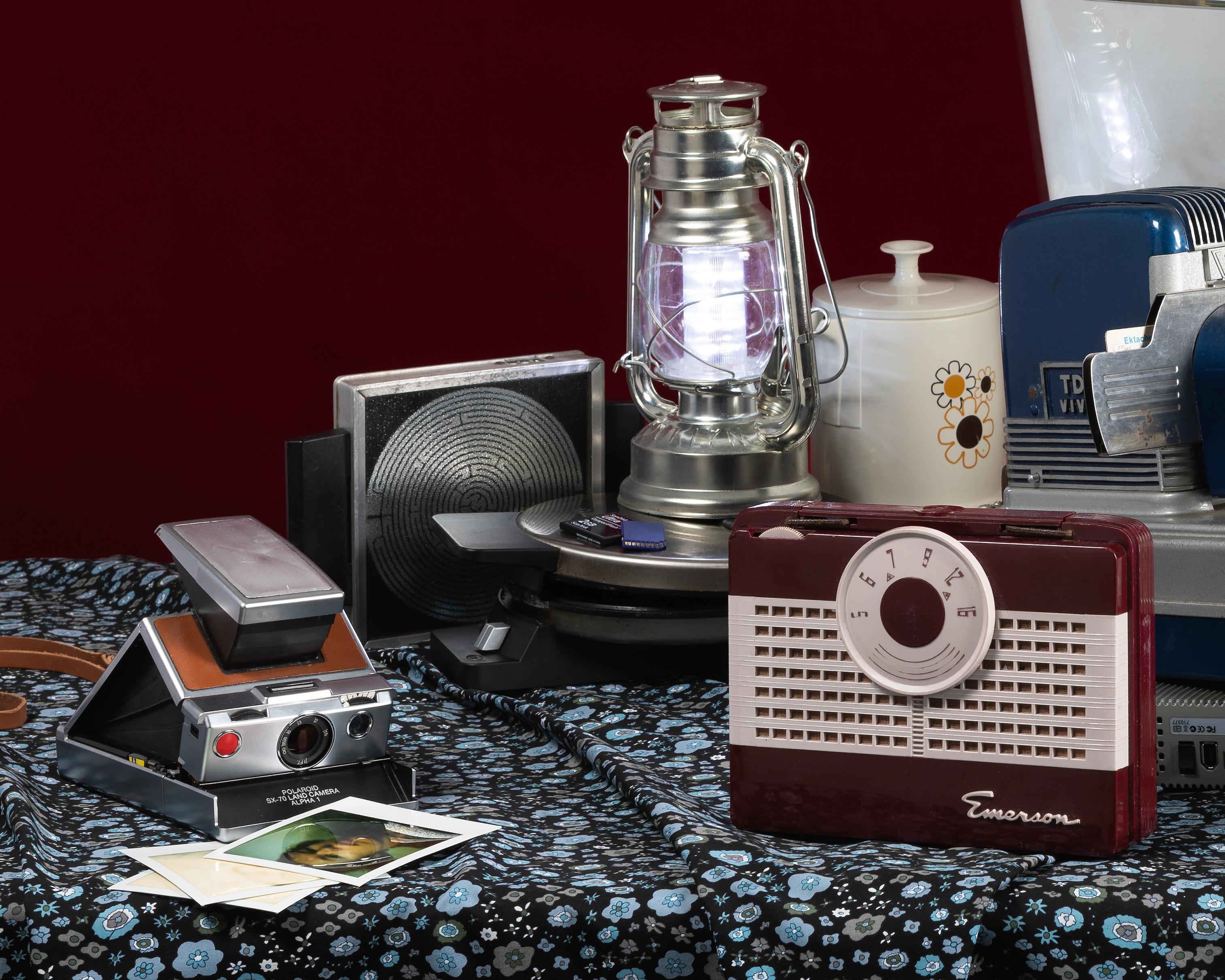 “Tech Vanitas: Polaroid SX70” Contemporary Still-life Photograph of Vintage Tech For Sale 1