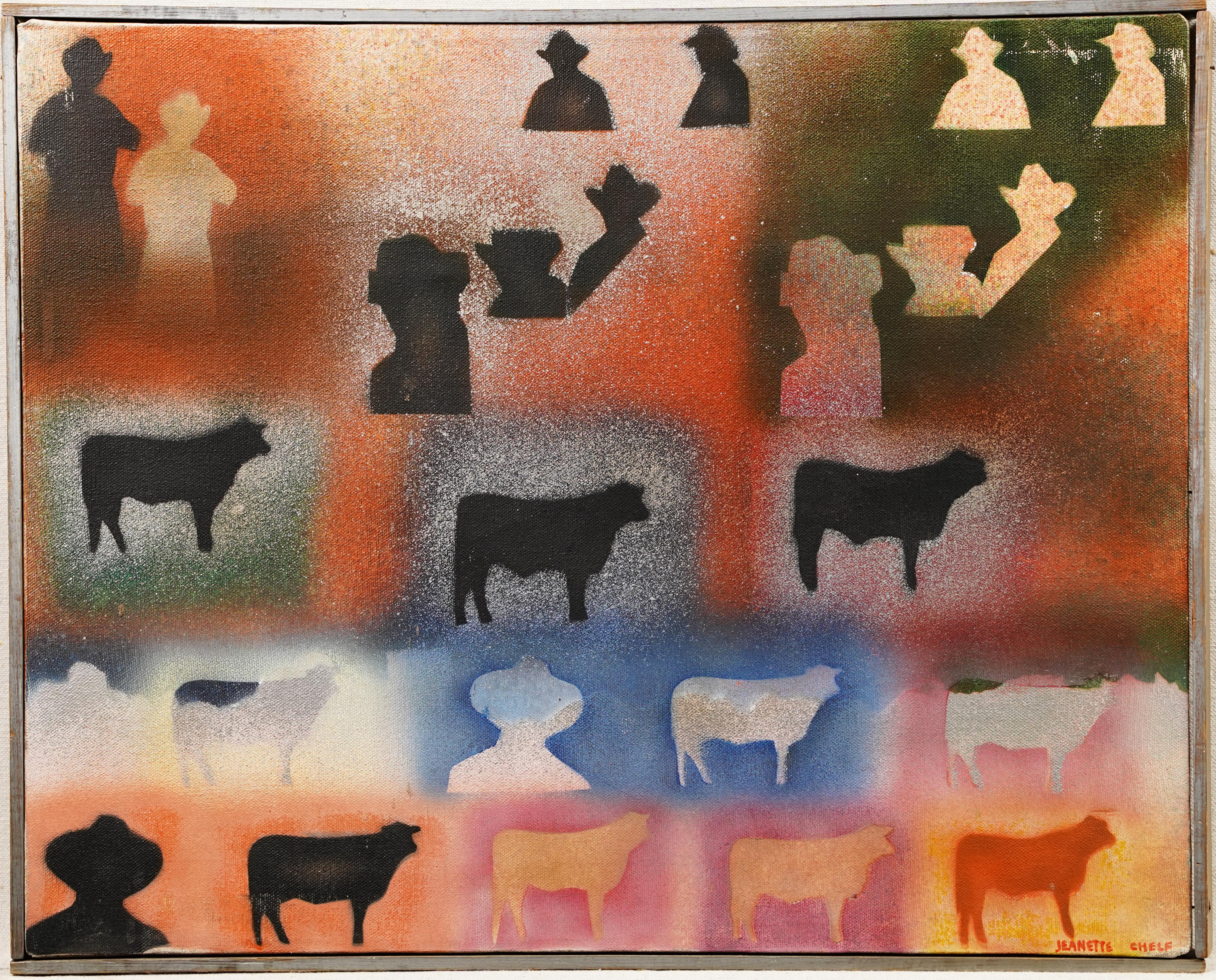 Nature morte abstraite féminine moderniste en forme de vache, peinture à l'huile vintage signée du Texas 