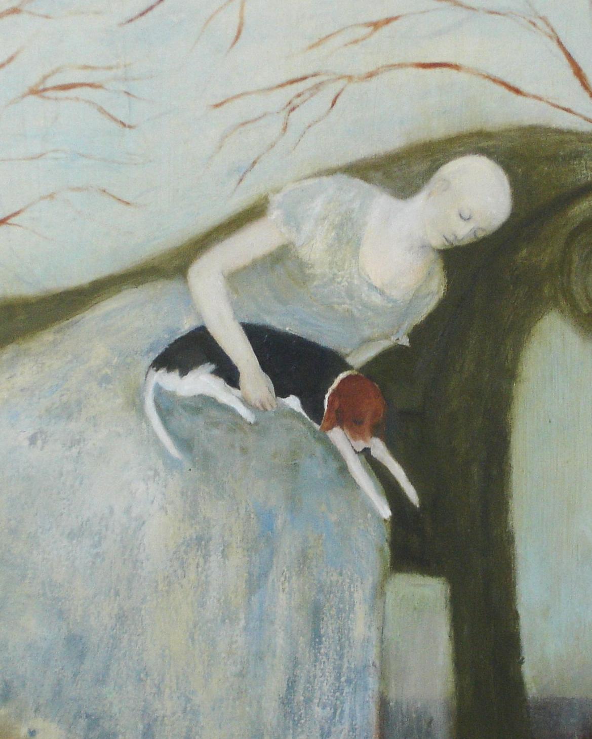 After with Beagle  Everywoman, protagonist, dog painting  , feminine archetypes - Painting by Jeanie Tomanek