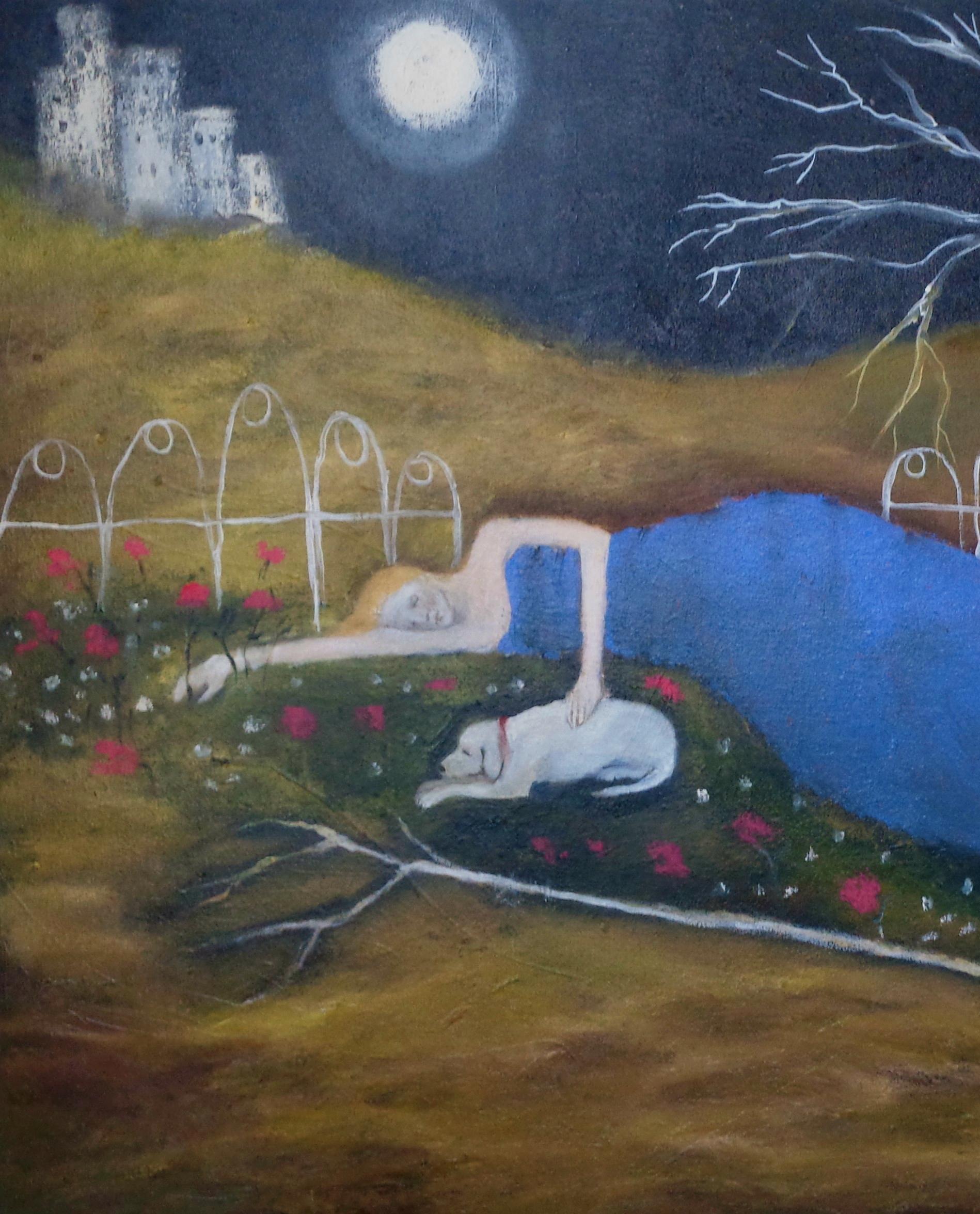 Pilger auf dem Tor, Frauen in den Künsten, Hoffnung und Weisheit, Öl, Natur – Painting von Jeanie Tomanek