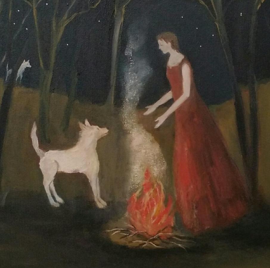  The Contract, Everywoman, protagonist, dog painting , feminine archetypes - Painting by Jeanie Tomanek
