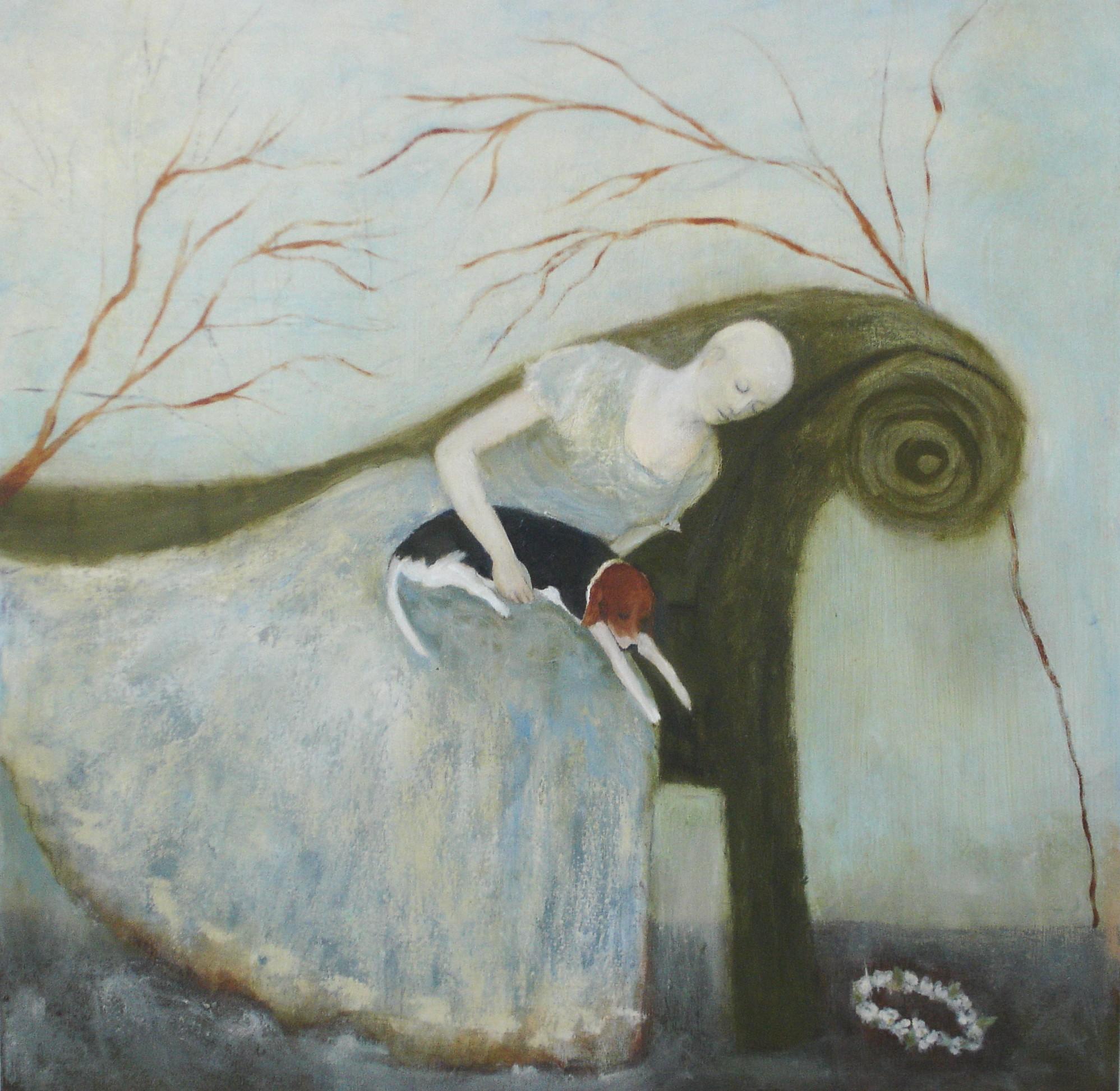  The Contract, Everywoman, protagonist, dog painting , feminine archetypes - Black Animal Painting by Jeanie Tomanek