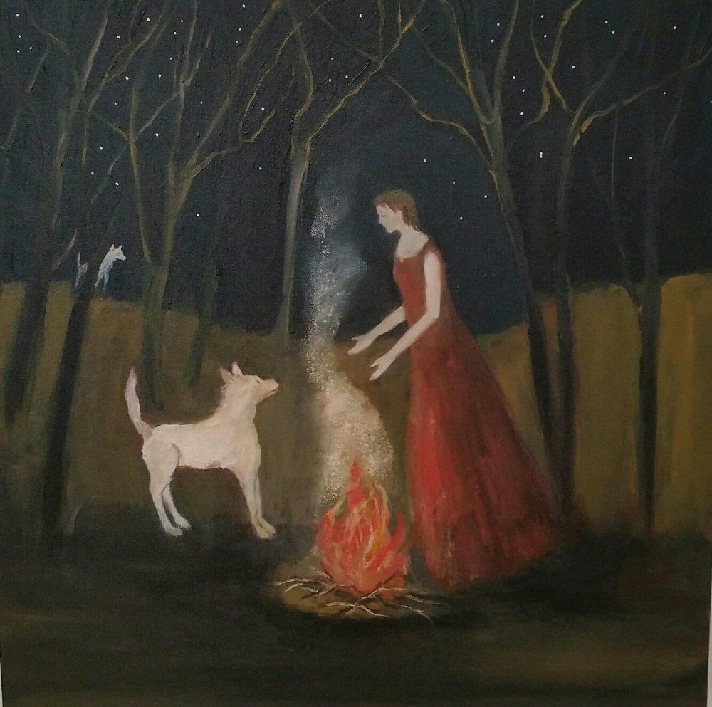 Jeanie Tomanek Animal Painting -  The Contract, Everywoman, protagonist, dog painting , feminine archetypes
