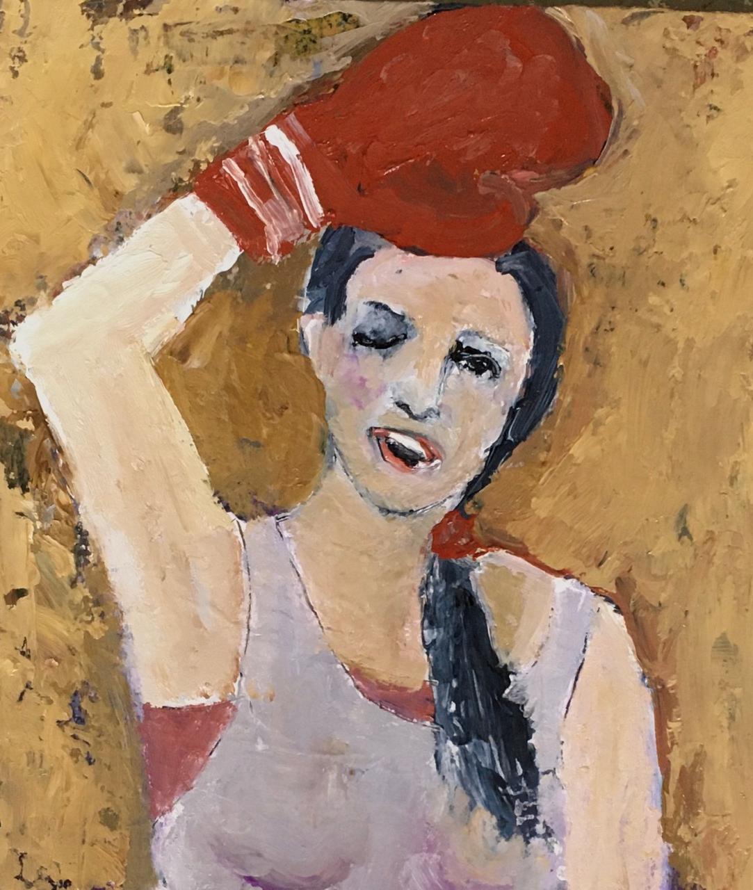 Avresti dovuto vedere l'altro   Boxe dell'olio  @everywomanart Donne nell'arte - Figurative Painting Marrone di Jeanie Tomanek