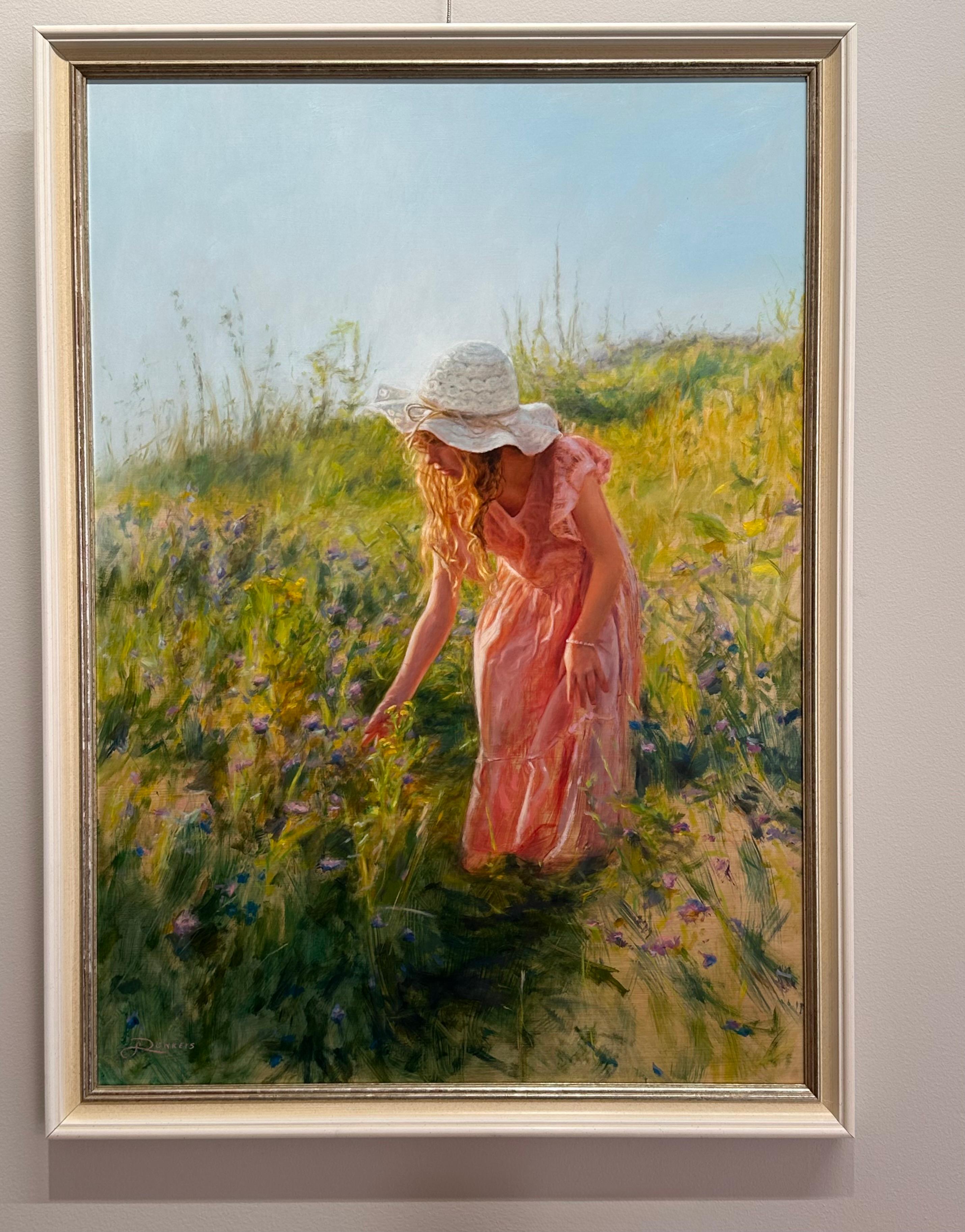 Parmi les fleurs - peinture figurative réaliste du 21e siècle d'une jeune fille - Painting de Jeanine Donkers