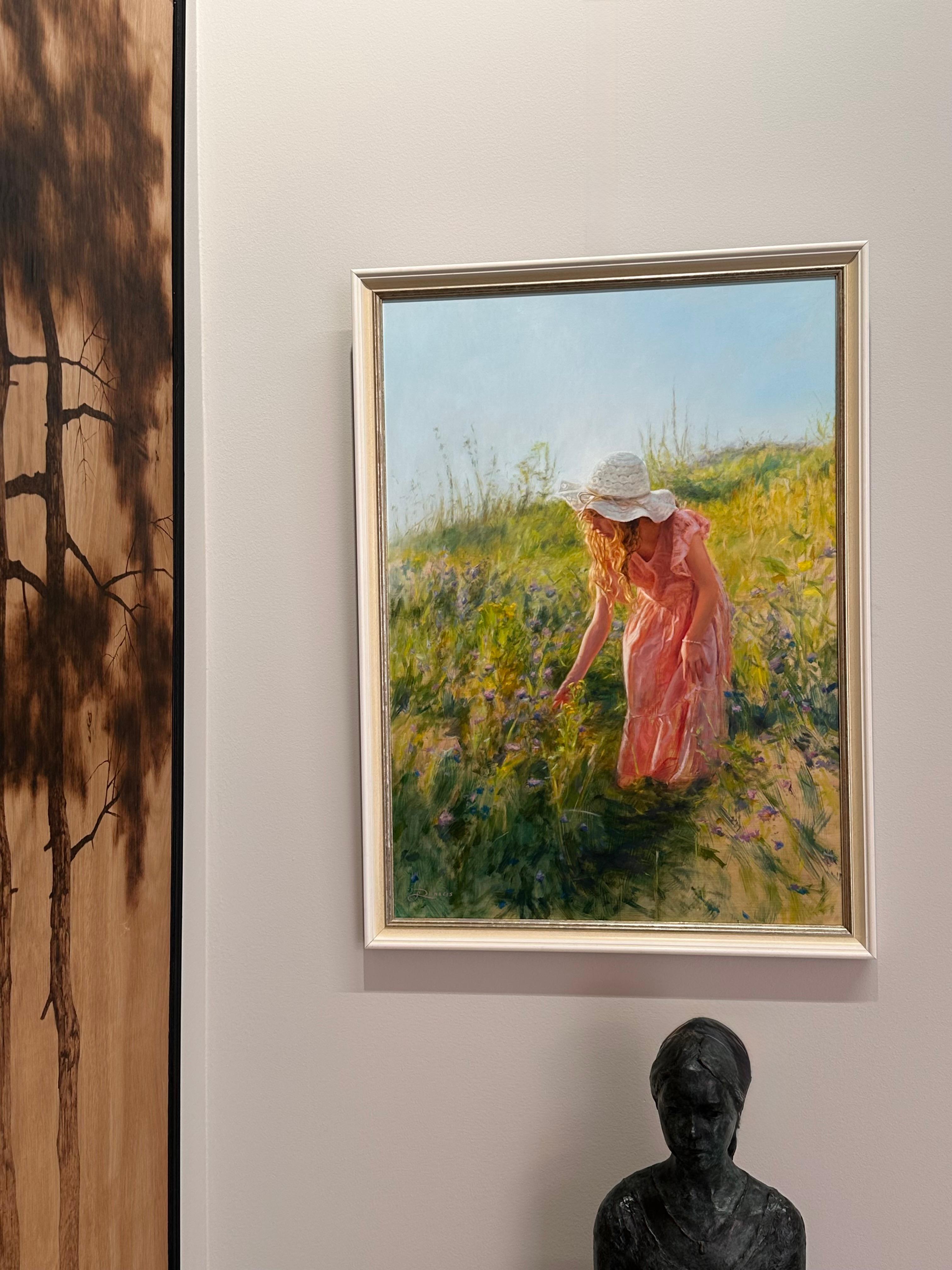 Parmi les fleurs - peinture figurative réaliste du 21e siècle d'une jeune fille - Réalisme Painting par Jeanine Donkers