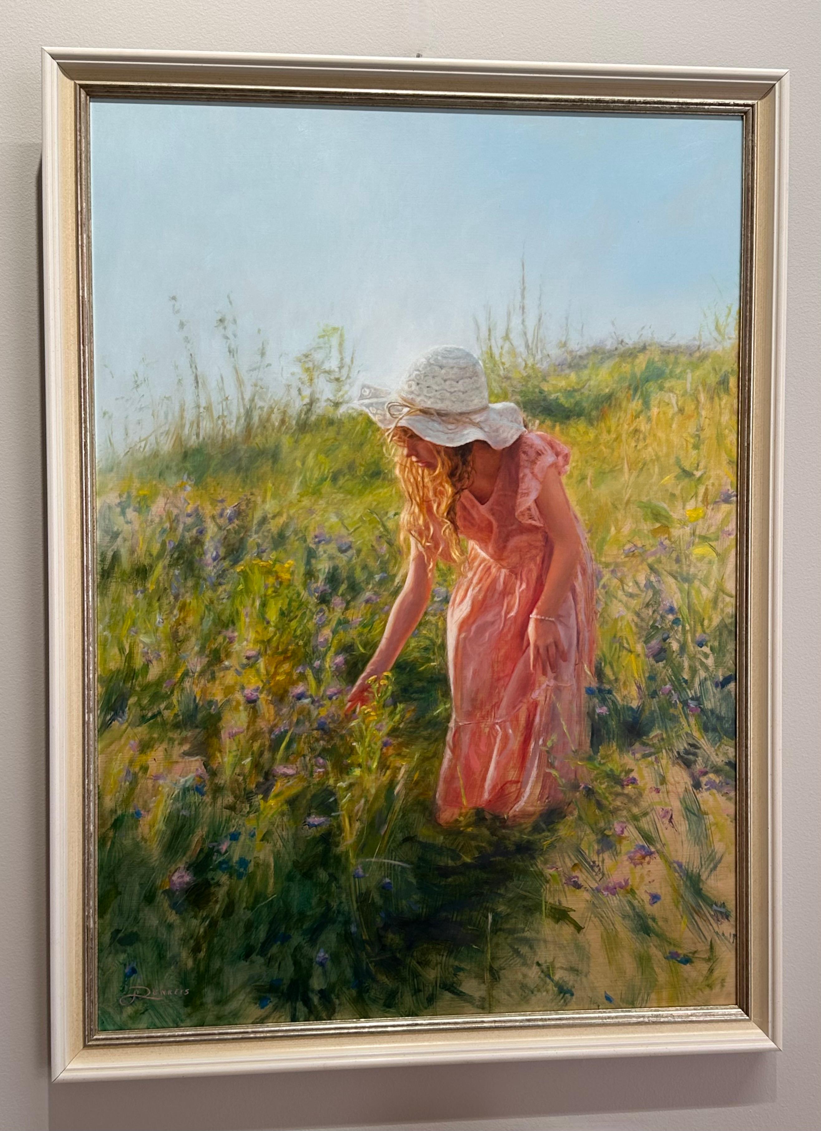 Parmi les fleurs - peinture figurative réaliste du 21e siècle d'une jeune fille - Marron Landscape Painting par Jeanine Donkers