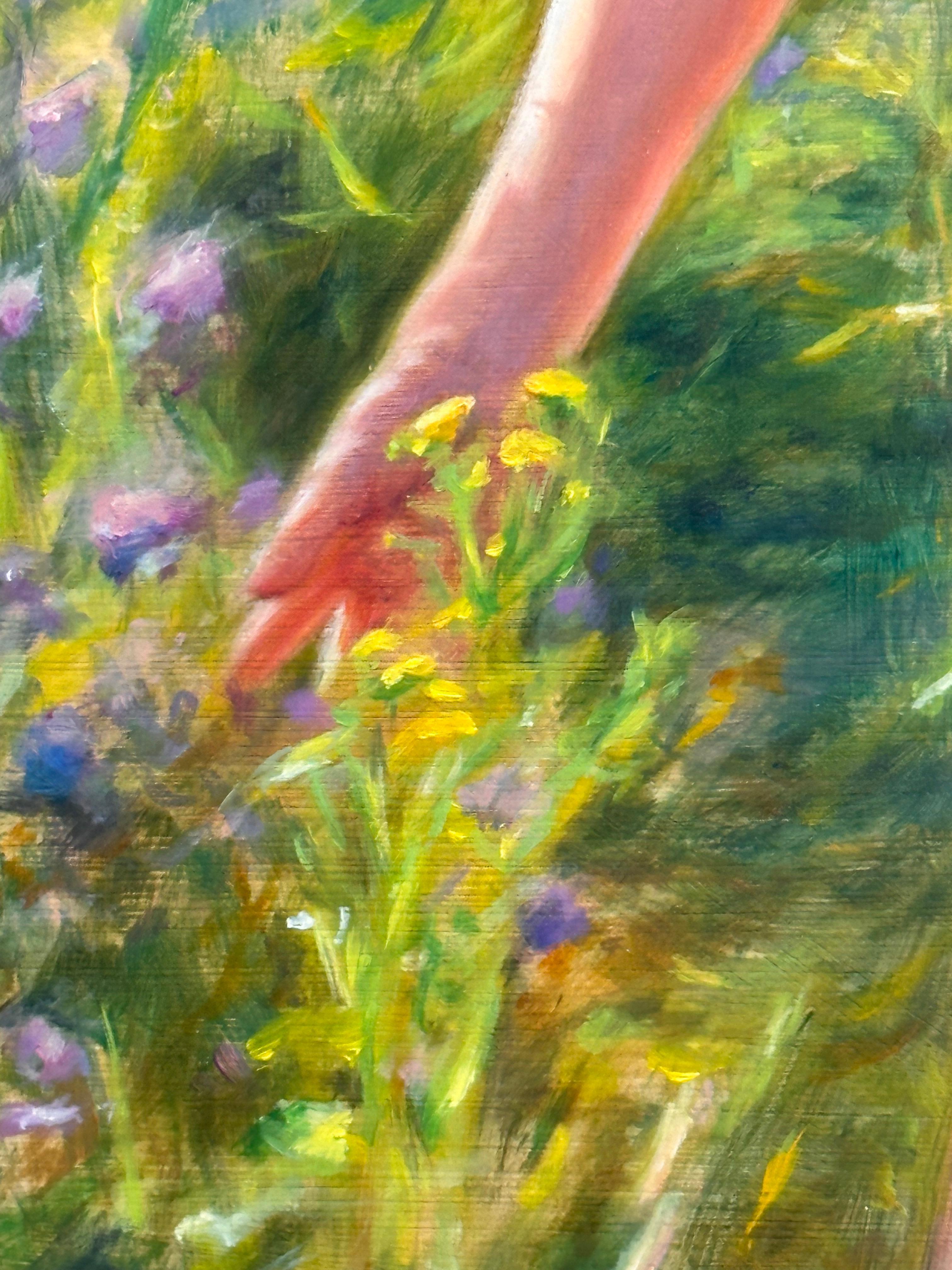 Jeanine Donkers 
Parmi les fleurs
70 x 50 cm (encadrement inclus dans le prix)
Dimensions avec le cadre inclus : 75 x 55 cm
Huile sur panneau de bois

Les peintures de Jeanine Donkers offrent un monde rempli d'éléments familiers, tout en révélant un