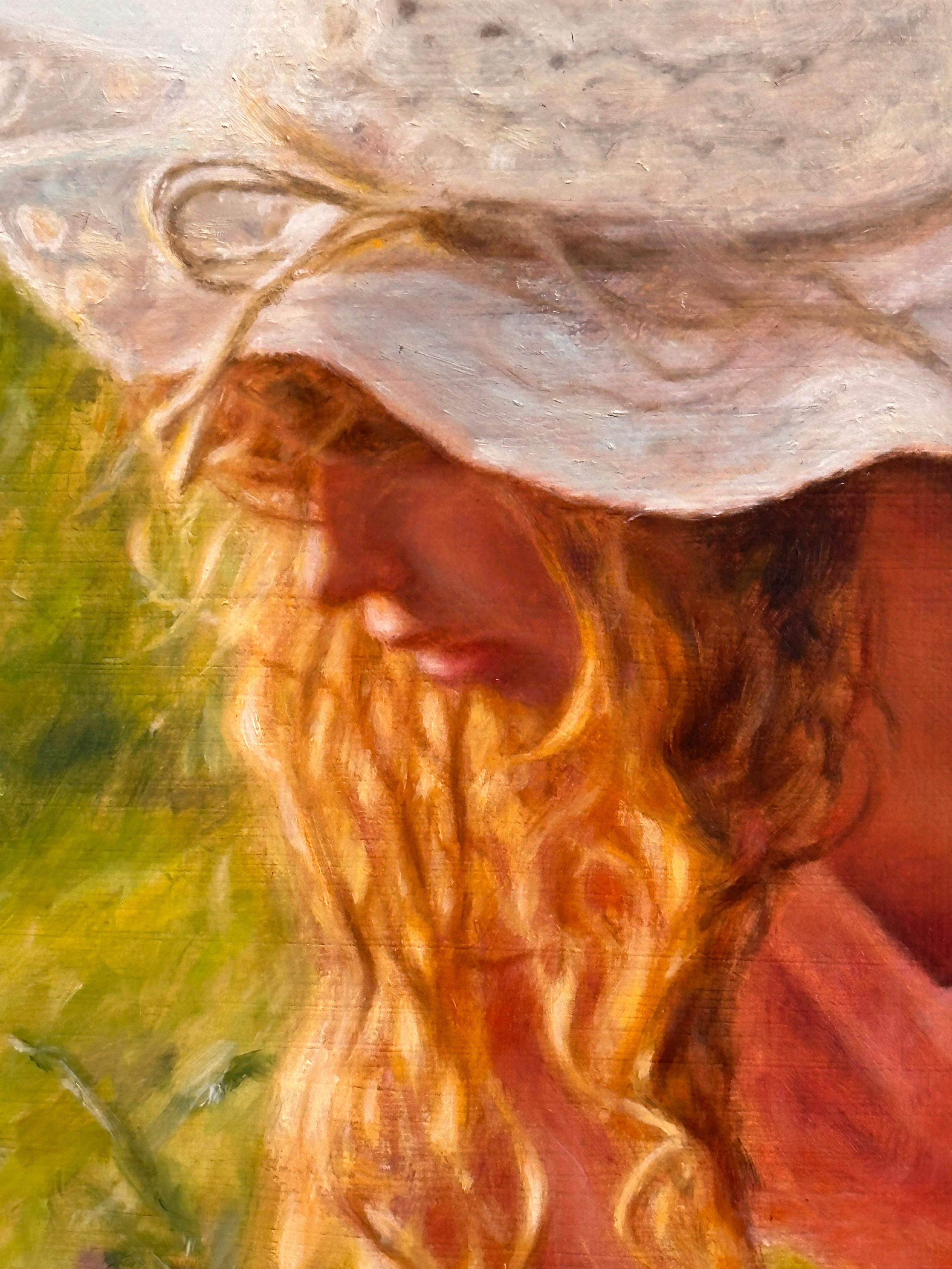 Parmi les fleurs - peinture figurative réaliste du 21e siècle d'une jeune fille en vente 1