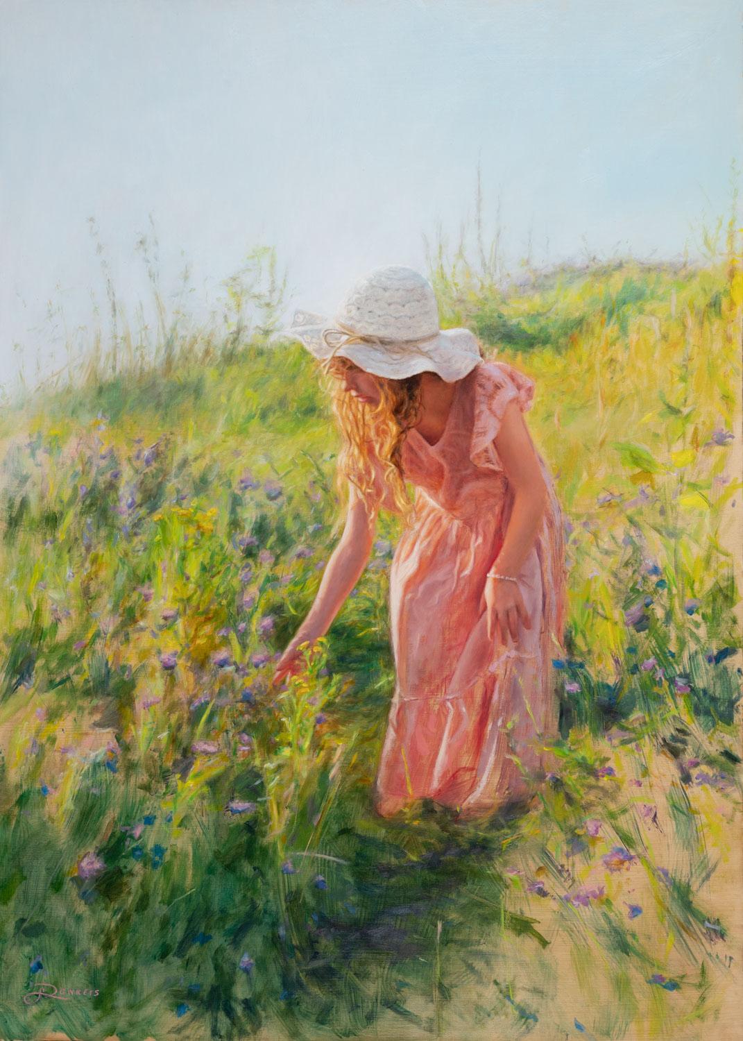 Landscape Painting Jeanine Donkers - Parmi les fleurs - peinture figurative réaliste du 21e siècle d'une jeune fille