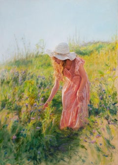 Parmi les fleurs - peinture figurative réaliste du 21e siècle d'une jeune fille