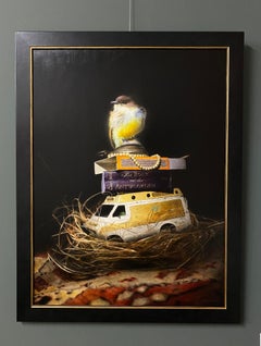 Memento - 21st Century Realistic Still-life Painting with books and a bird