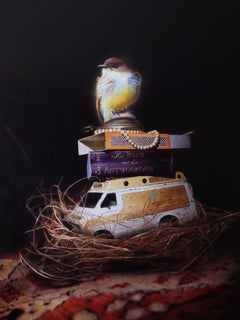 Memento - 21st Century Realistic Still-life Painting with books and a bird